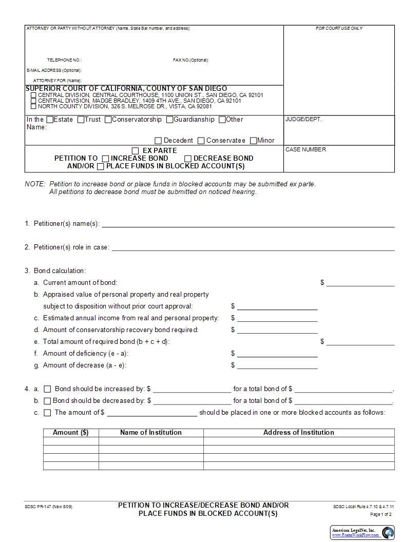 Petition To Increase Decrease Bond And Or Place Funds In Blocked Account {PR-147} | Pdf Fpdf Docx | California
