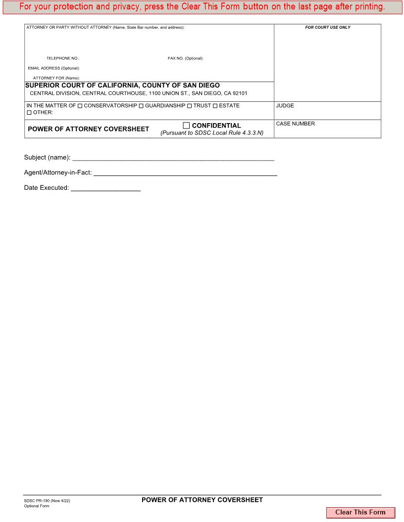 Power Of Attorney Coversheet {PR-190} | Pdf Fpdf Docx | California