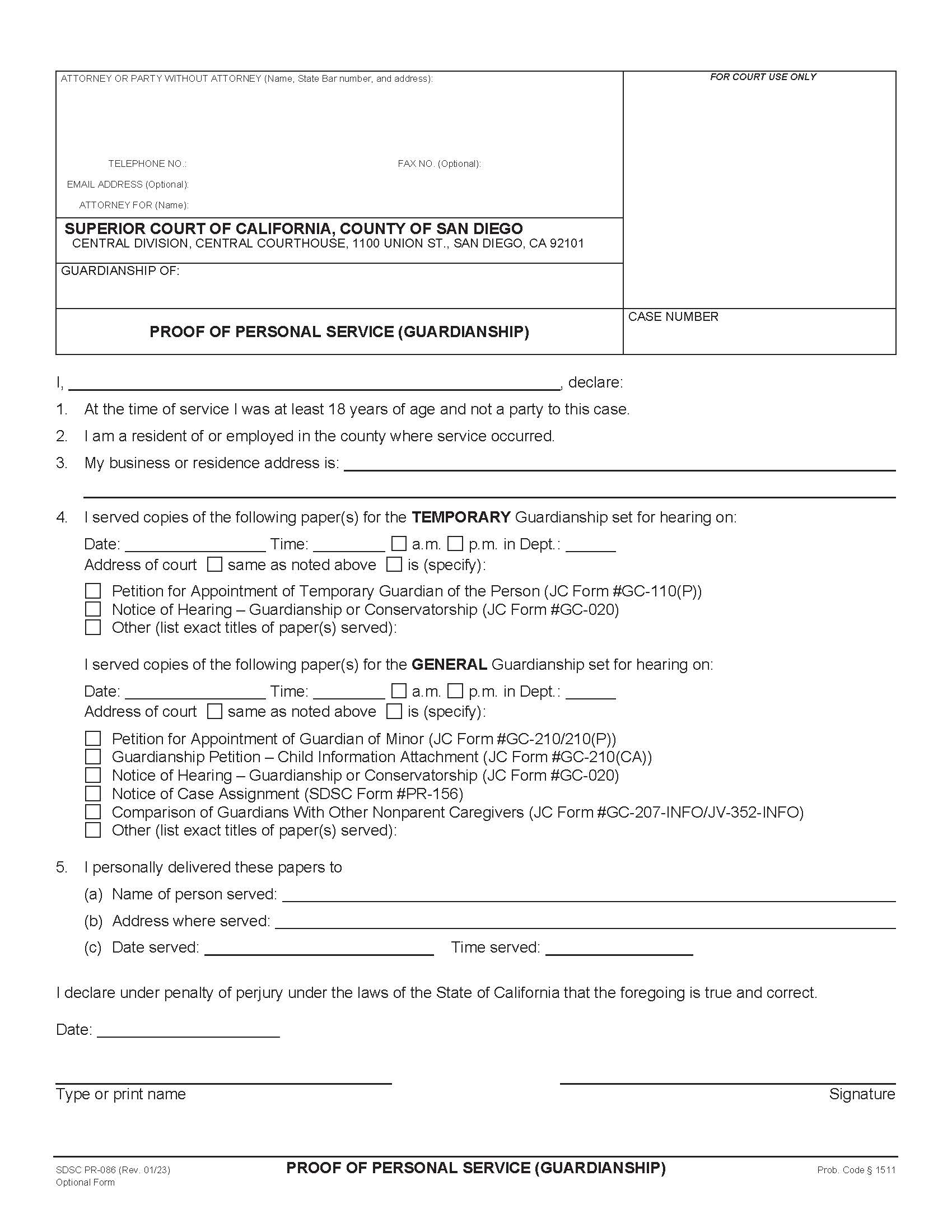 Proof Of Personal Service (Guardianship) {PR-086} | Pdf Fpdf Doc Docx | California