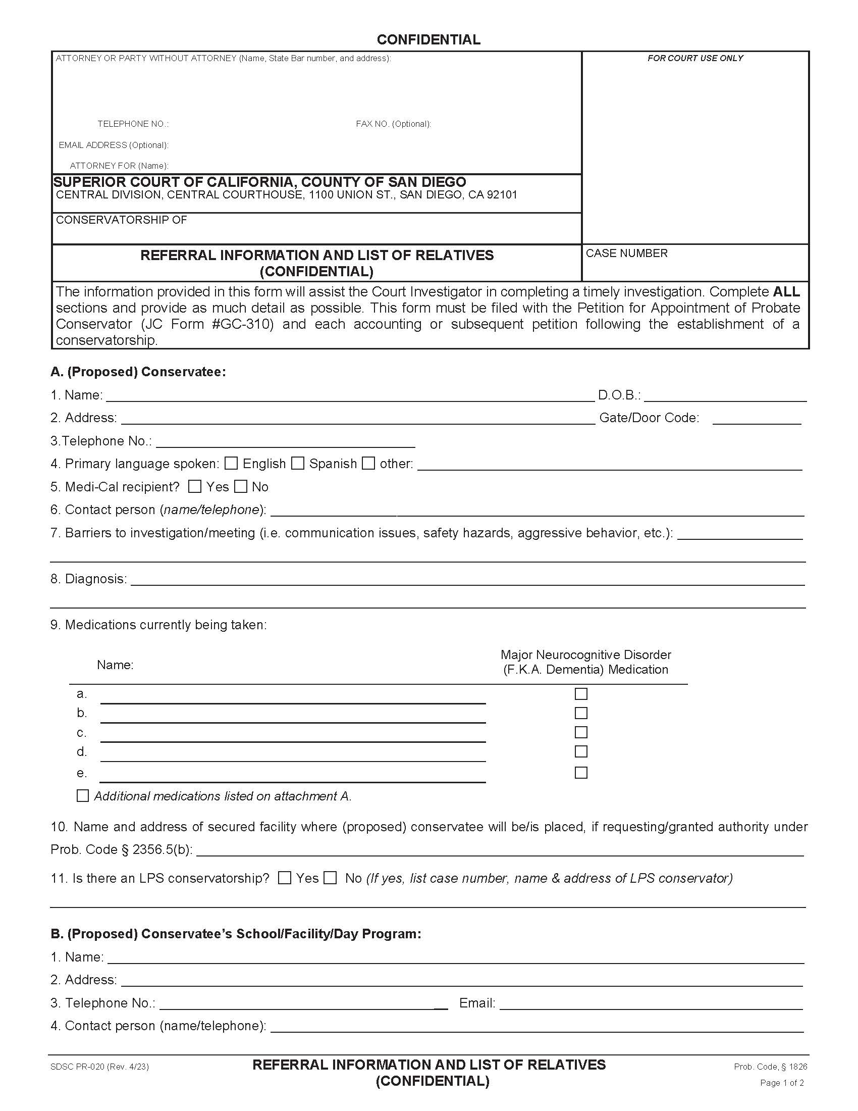 Referral Information And List Of Relatives (Confidential) (Probate Conservatorship) {PR-020} | Pdf Fpdf Docx | California