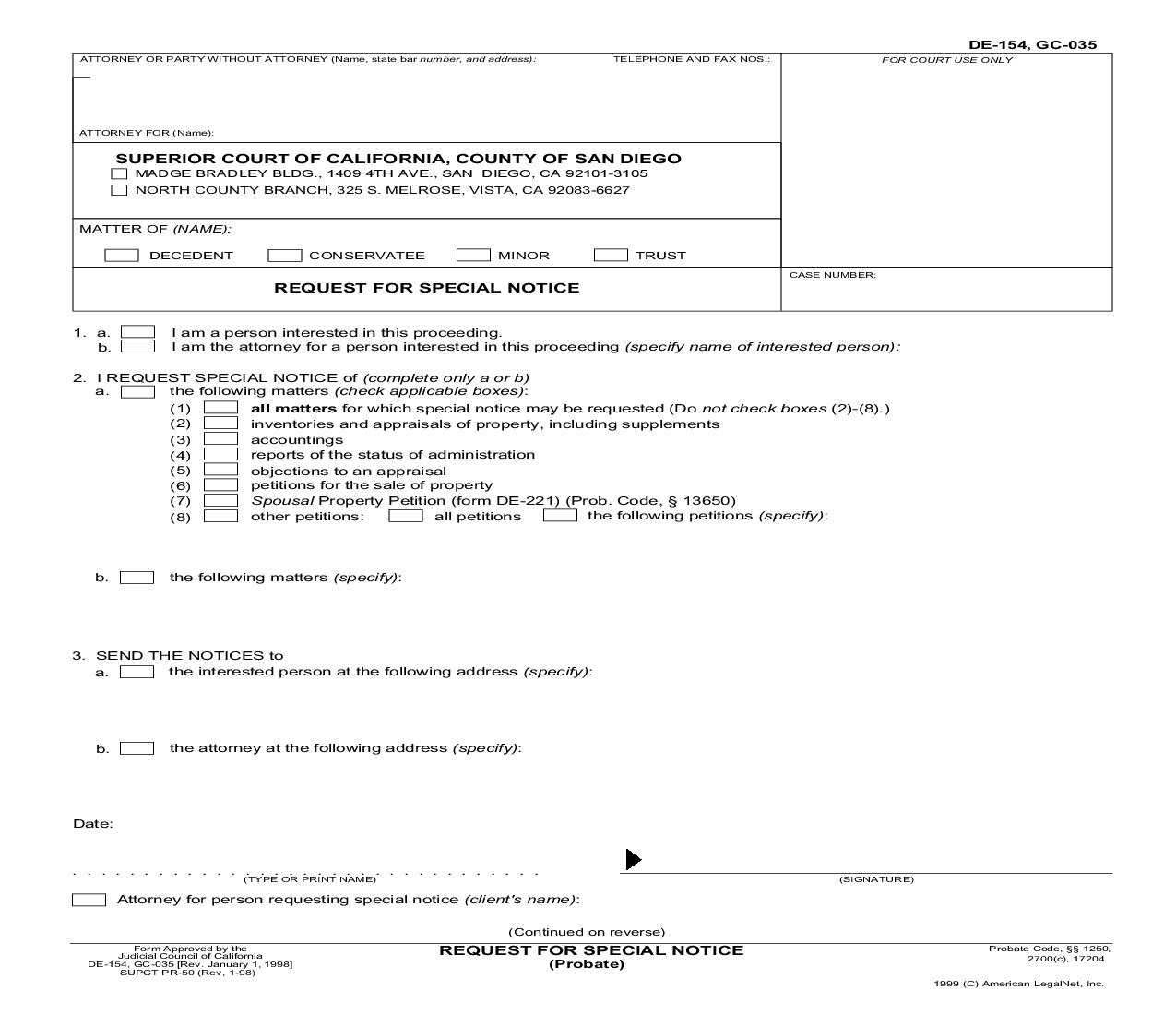 Request For Special Notice (Probate) (San Diego) {PR-050} | Pdf Fpdf Doc Docx | California