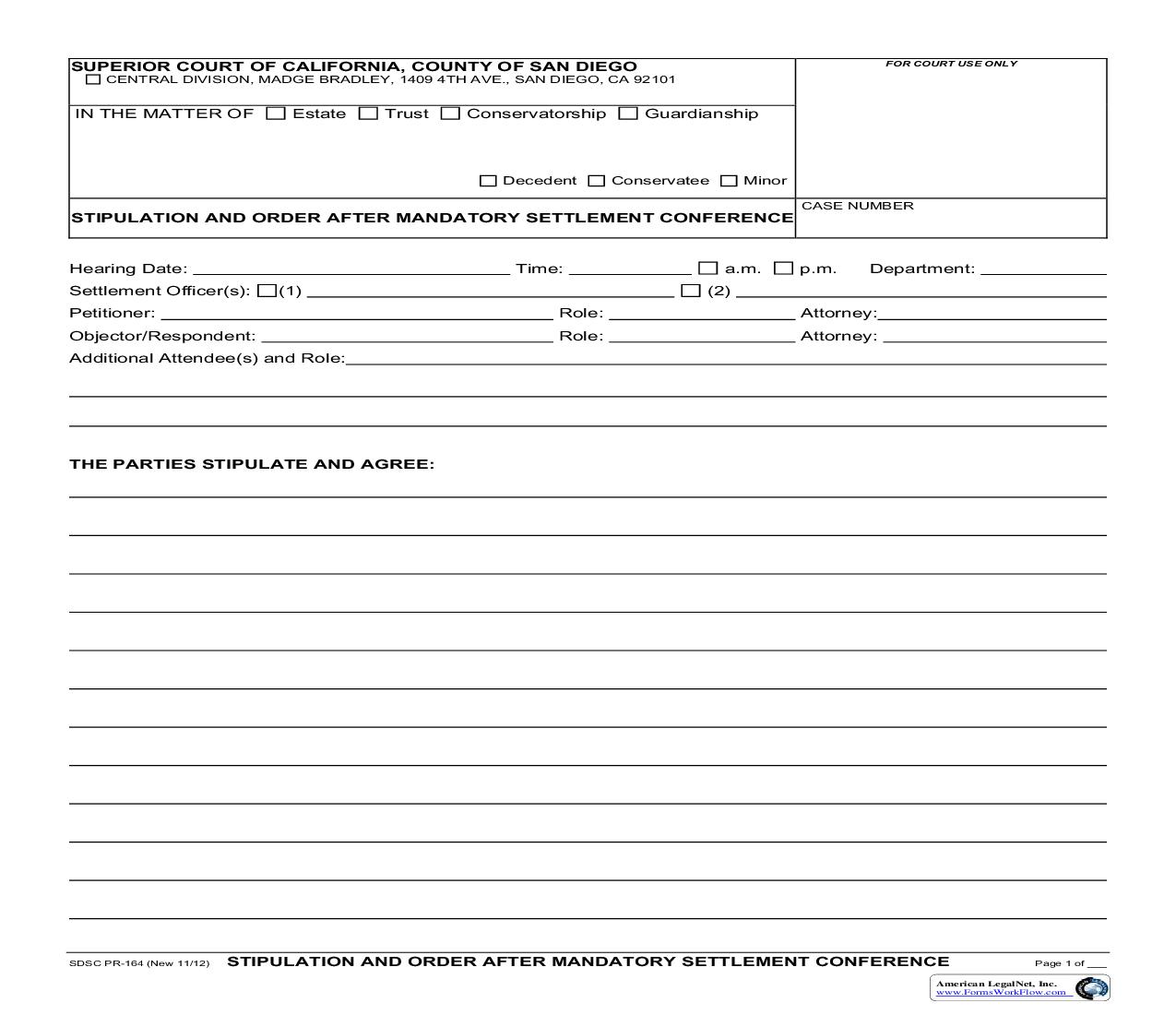 Stipulation And Order After Mandatory Settlement Conference {PR-164} | Pdf Fpdf Docx | California