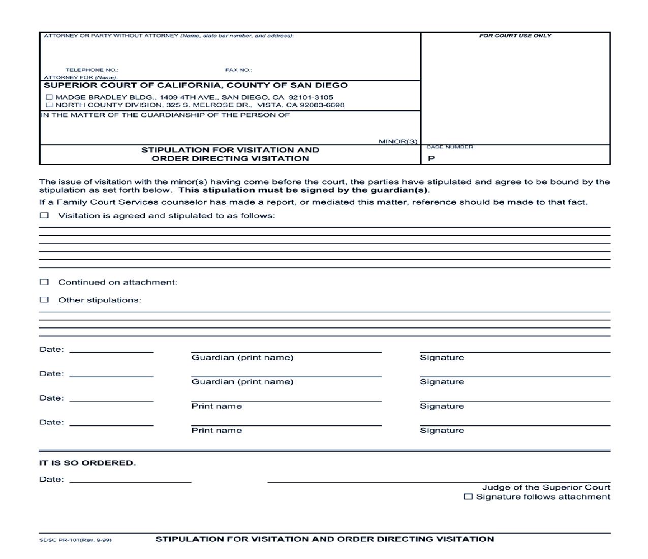 Stipulation For Visitation And Order Directing Visitation {PR-101} | Pdf Fpdf Docx | California