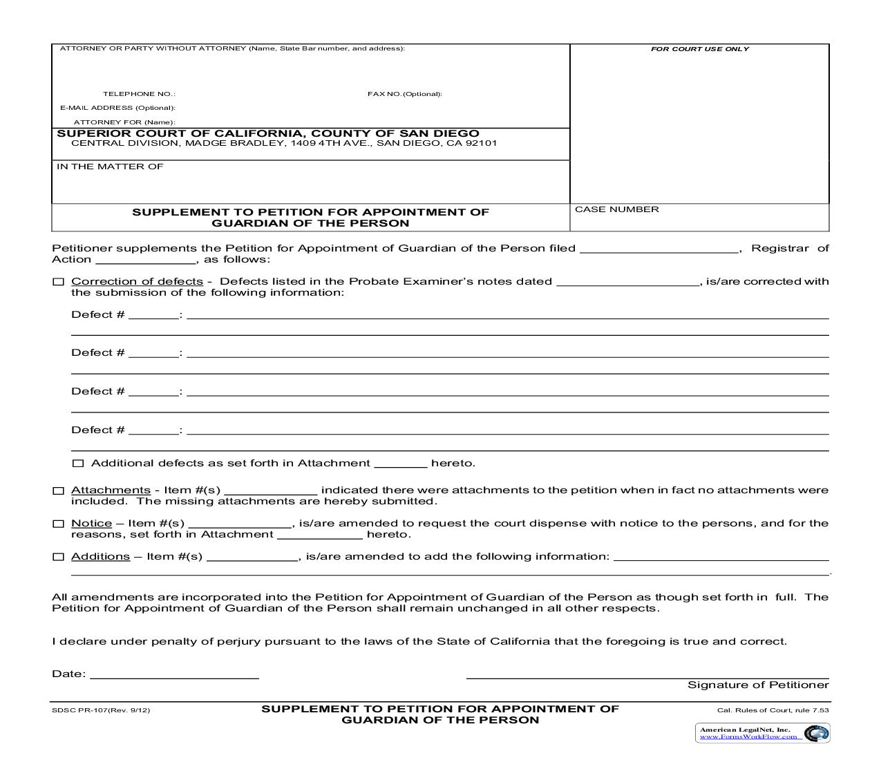 Supplement To Petition For Appointment Of Guardian {PR-107} | Pdf Fpdf Docx | California