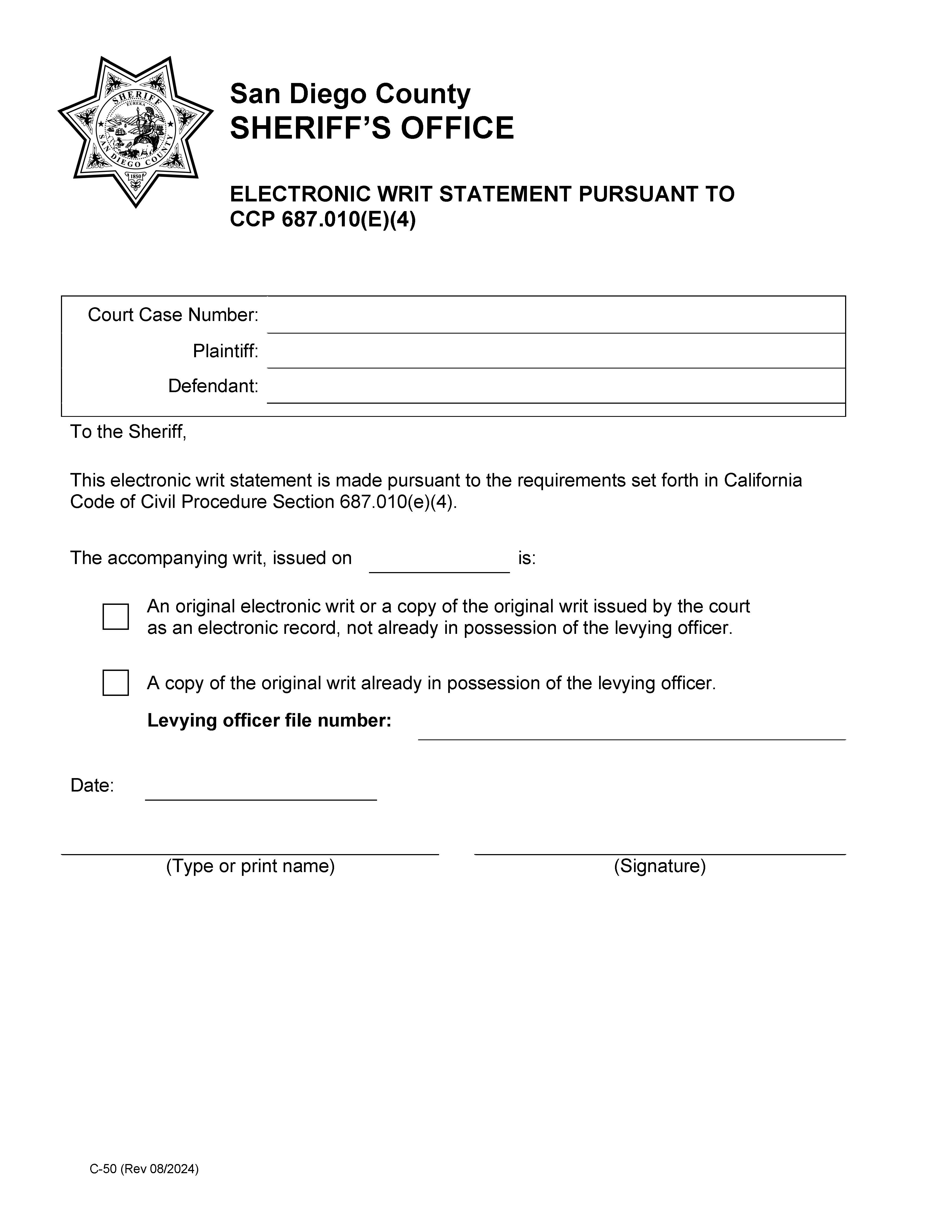 Electronic Writ Statement {C-50} | Pdf Fpdf Doc Docx | California