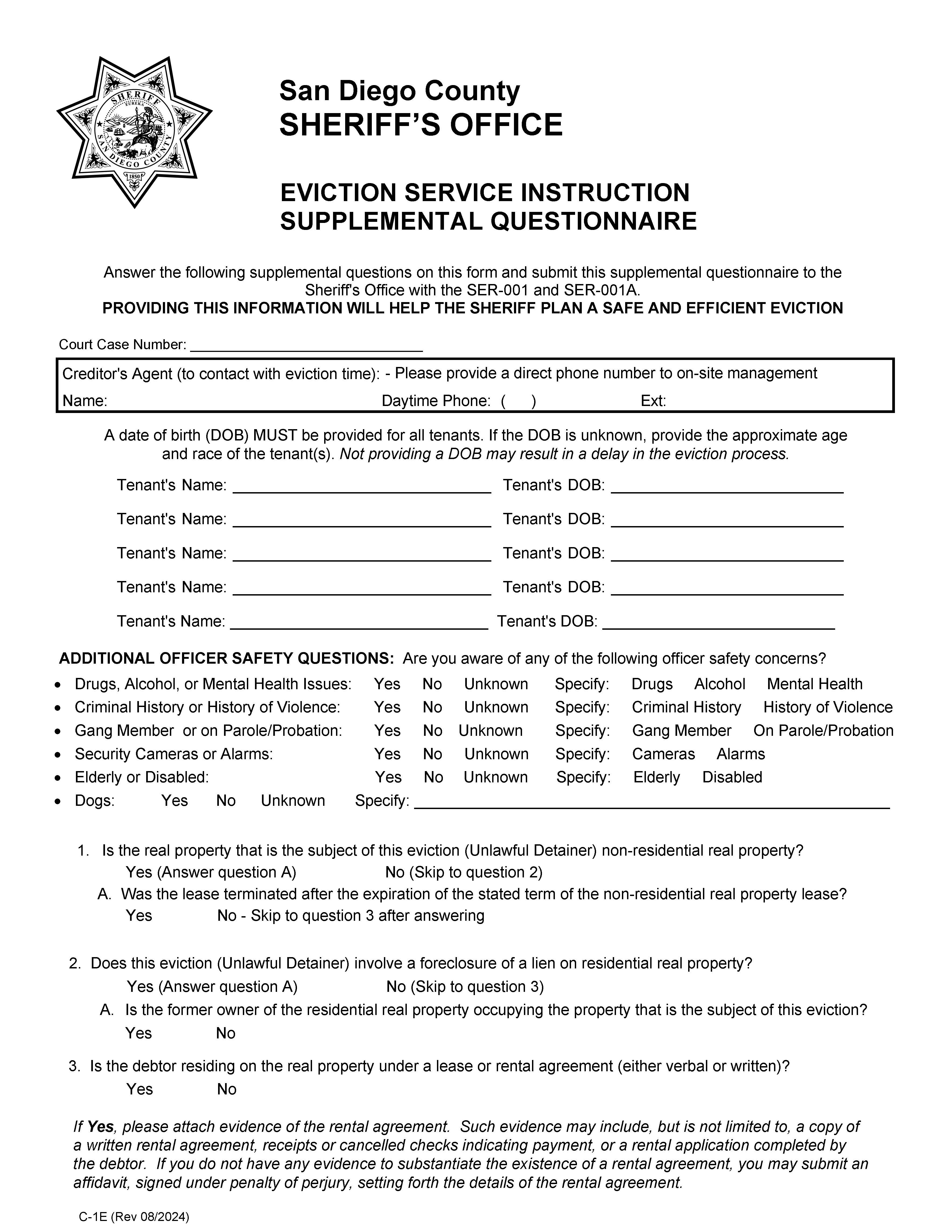 Eviction Instructions Supplemental Questionnaire {C-1E} | Pdf Fpdf Doc Docx | California