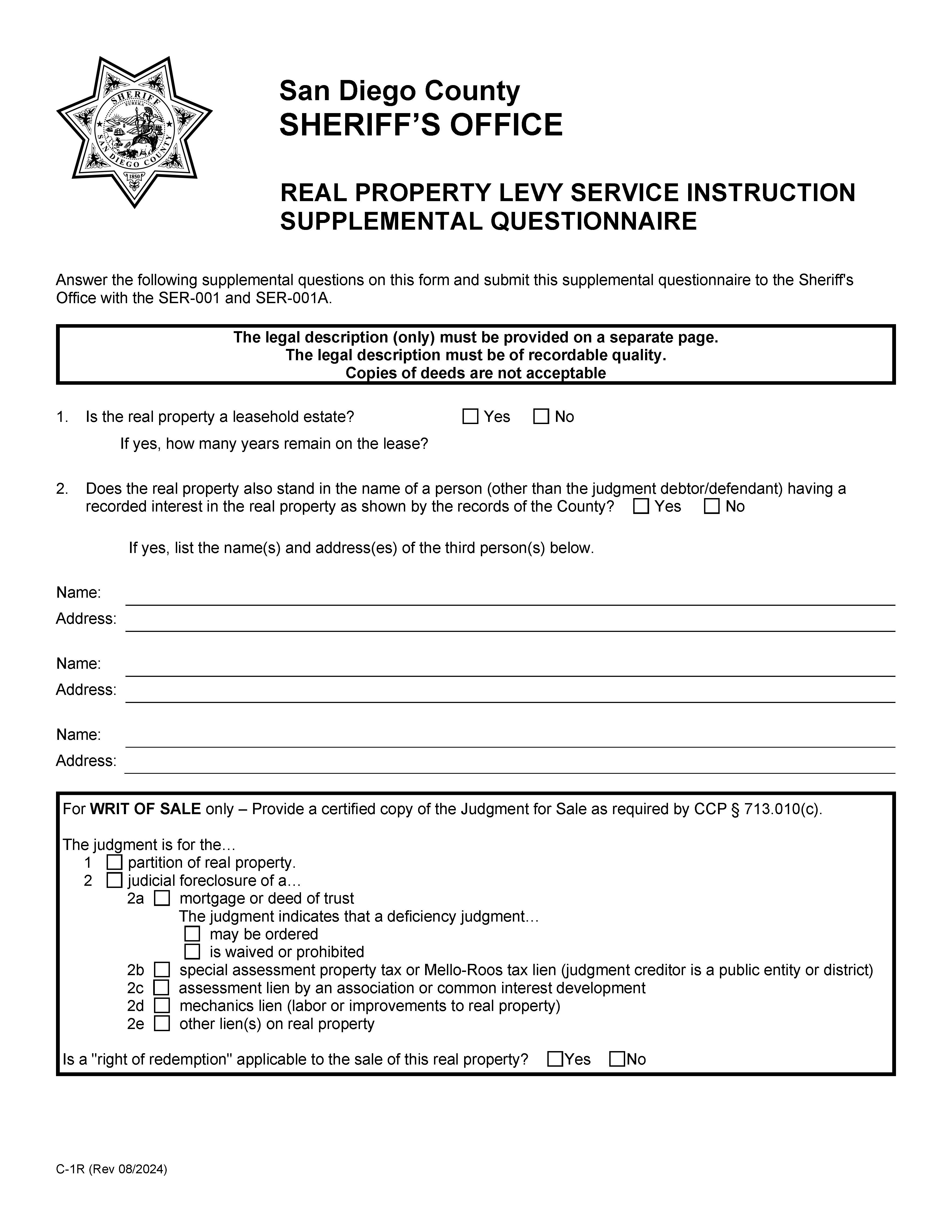 Real Property Levy Instructions Supplemental Questionnaire {C-1R} | Pdf Fpdf Doc Docx | California
