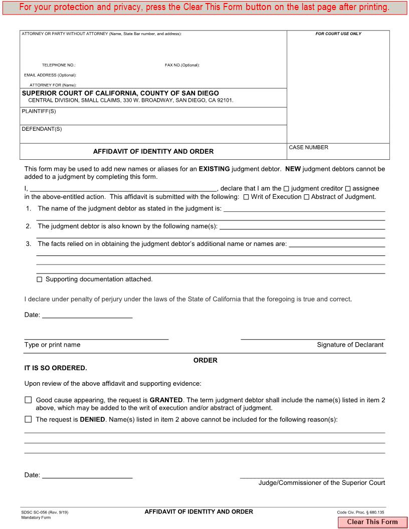Affidavit Of Identity And Order {SC-056} | Pdf Fpdf Doc Docx | California