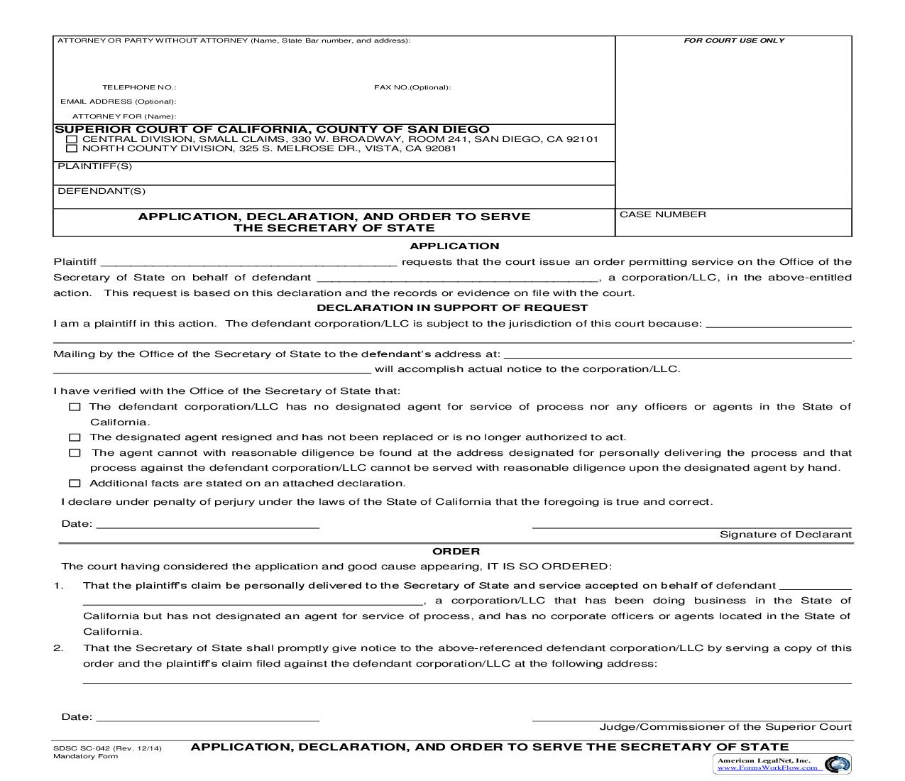 Application Declaration And Order To Serve The Secretary Of State {SC-042} | Pdf Fpdf Docx | California