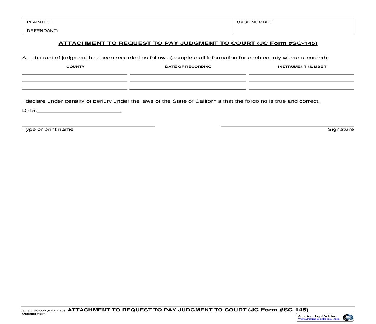Attachment To Request To Pay Judgment To Court (JC Form SC-45) {SC-055} | Pdf Fpdf Doc Docx | California