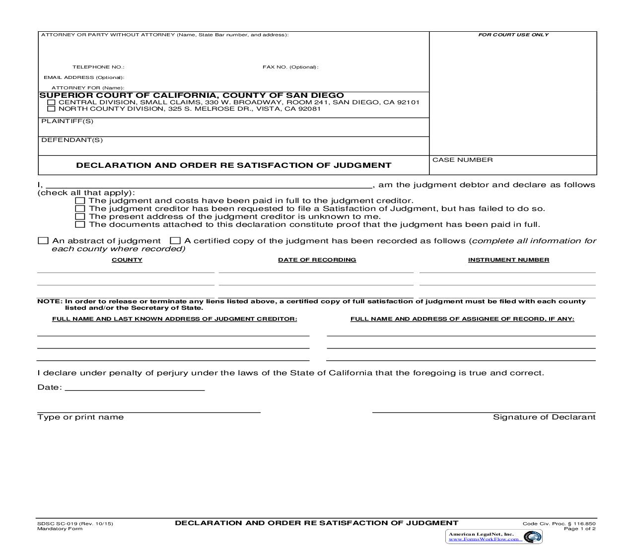 Declaration And Order Re Satisfaction Of Judgment {SC-019} | Pdf Fpdf Docx | California