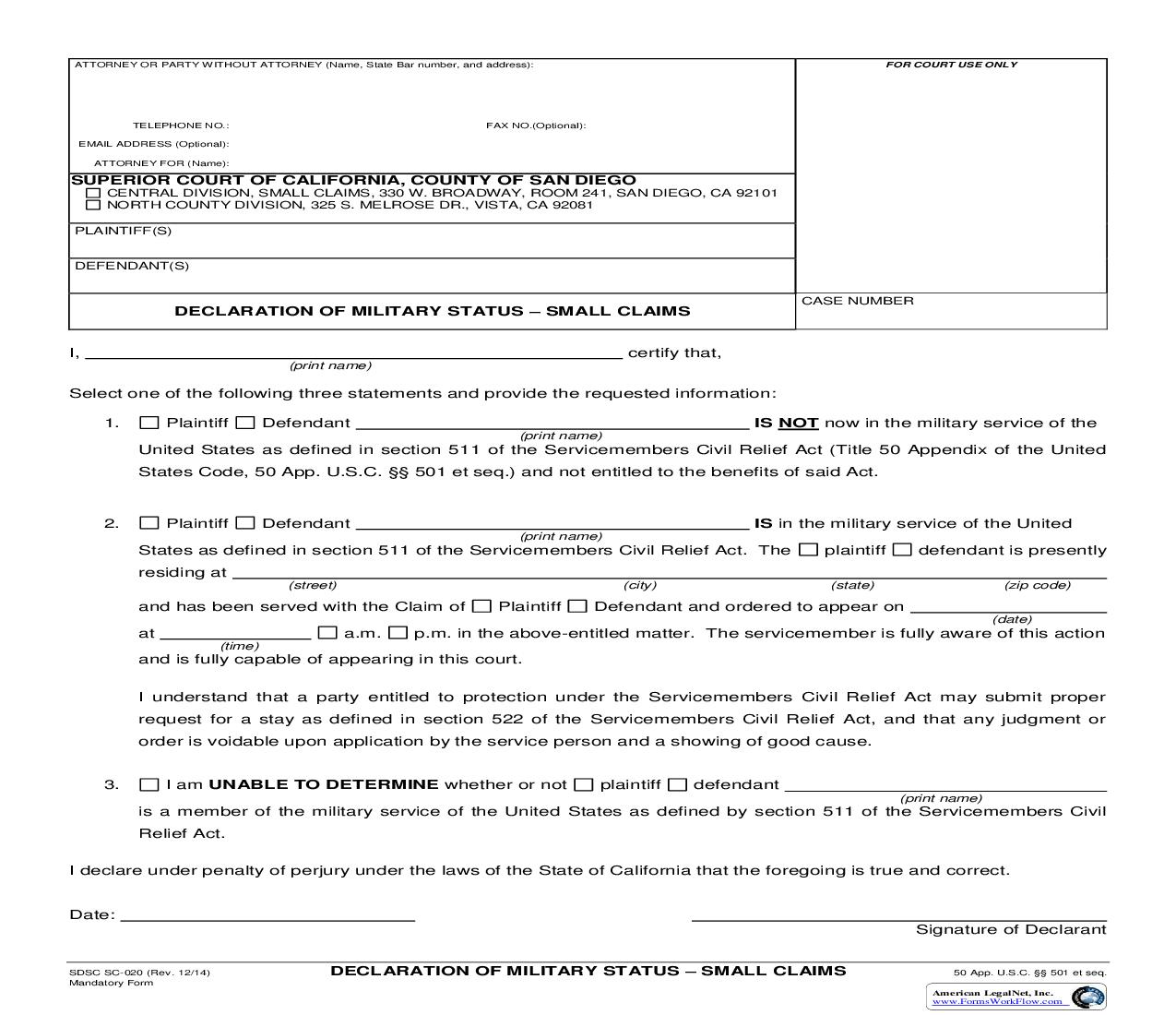 Declaration Of Military Status-Request For Dismissal {SC-020} | Pdf Fpdf Docx | California