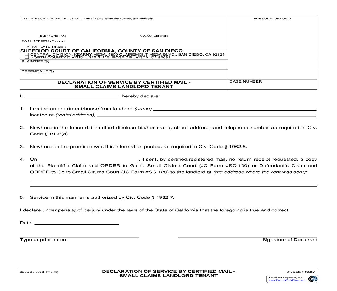 Declaration Of Service By Certified Mail-Small Claims Landord-Tenant {SC-050} | Pdf Fpdf Docx | California