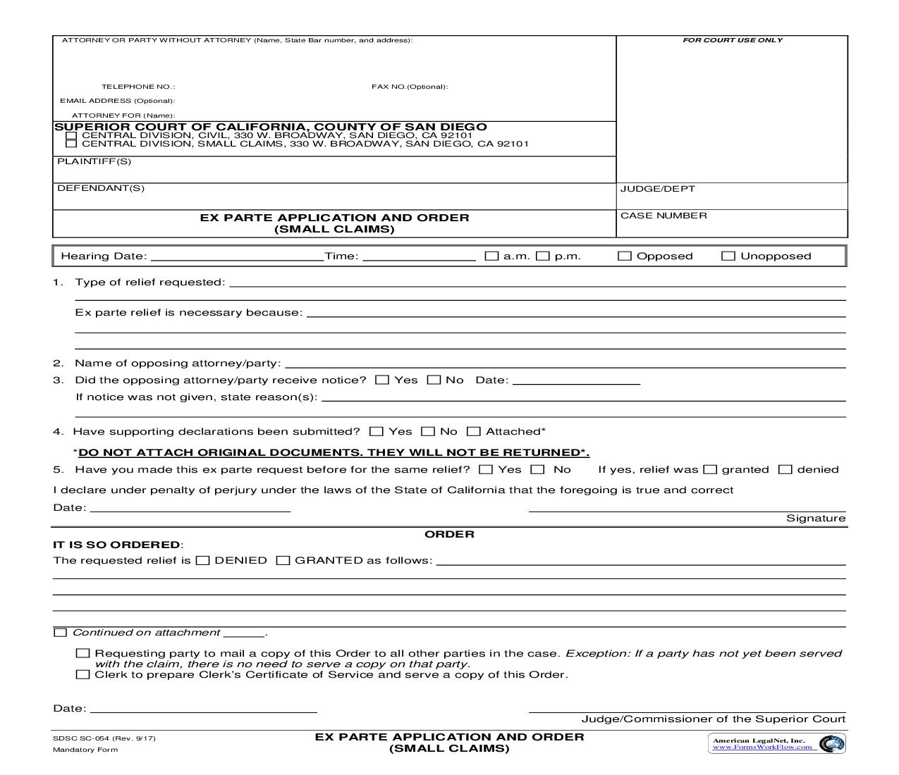 Ex Parte Application And Order {SC-054} | Pdf Fpdf Docx | California