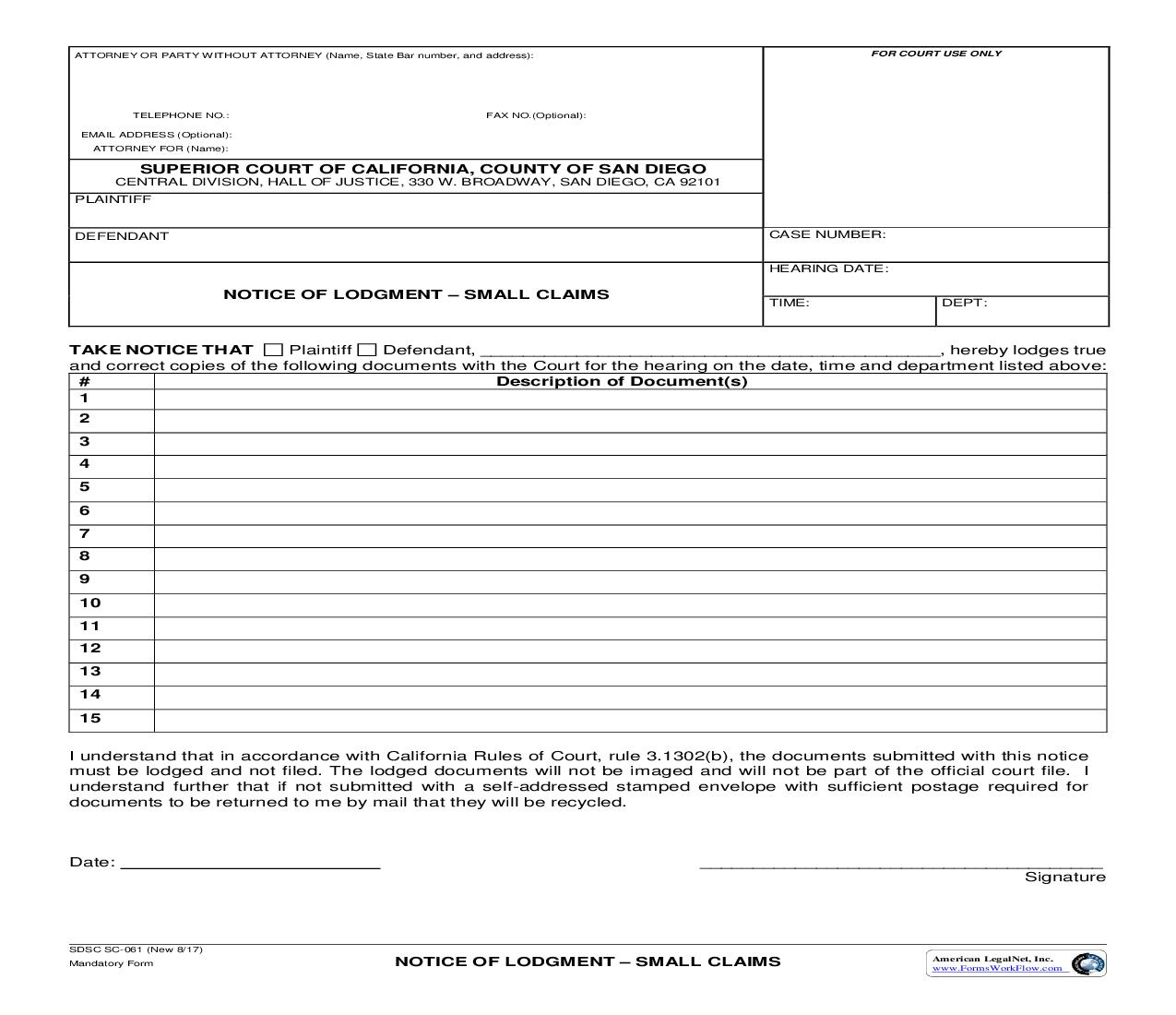Notice Of Lodgment-Small Claims {SC-061} | Pdf Fpdf Doc Docx | California