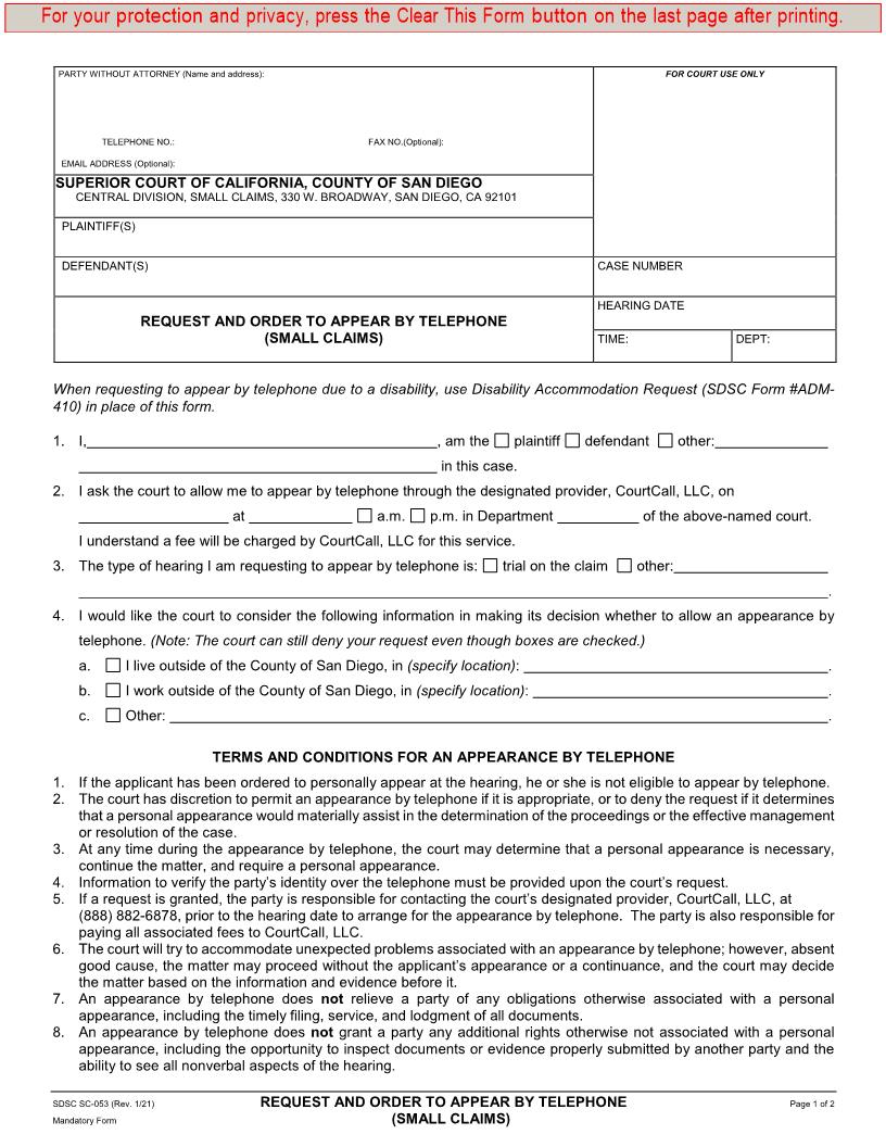 Request And Order To Appear By Telephone (Small Claims)  {SC-053} | Pdf Fpdf Docx | California