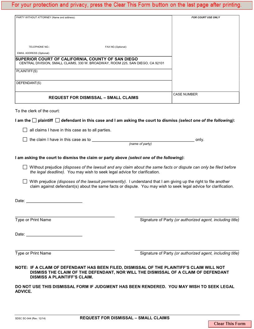 Request For Dismissal-Small Claims {SC-044} | Pdf Fpdf Doc Docx | California