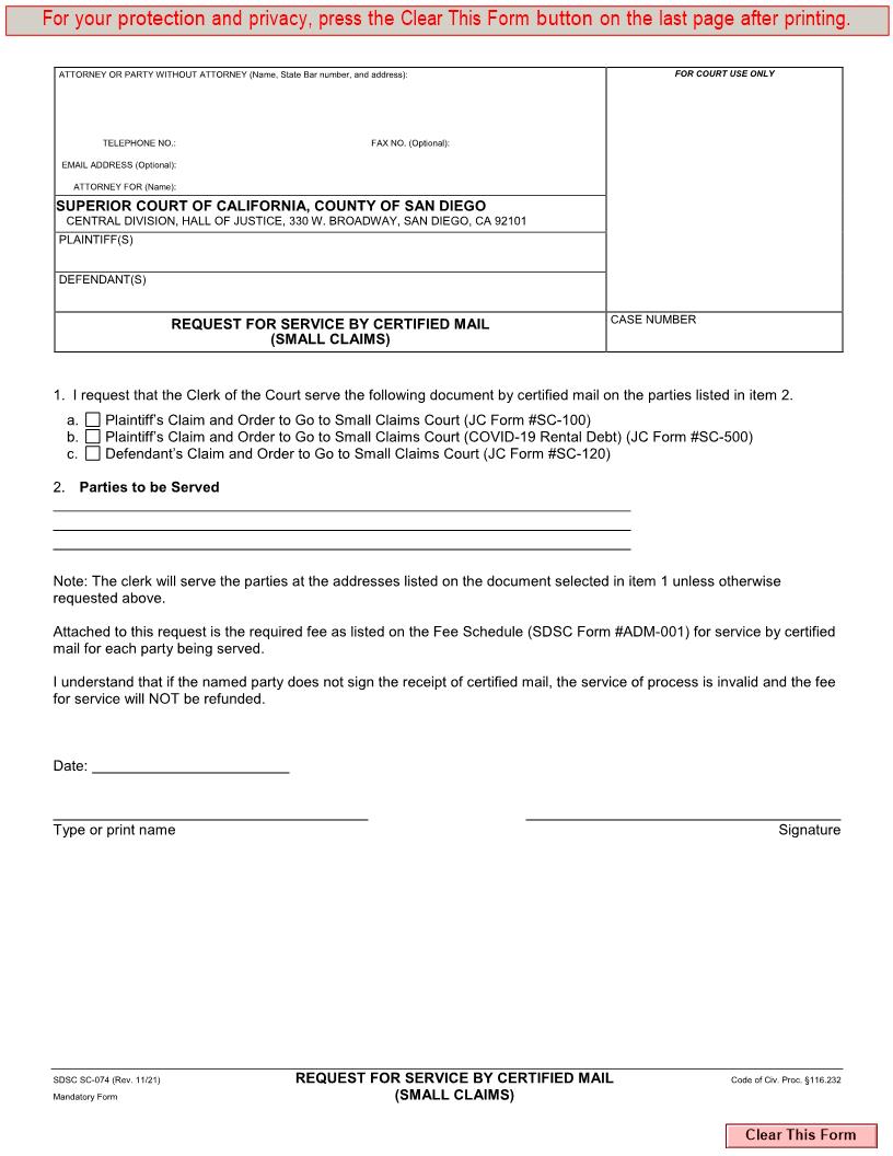 Request For Service By Certified Mail (Small Claims) {SC-074} | Pdf Fpdf Docx | California
