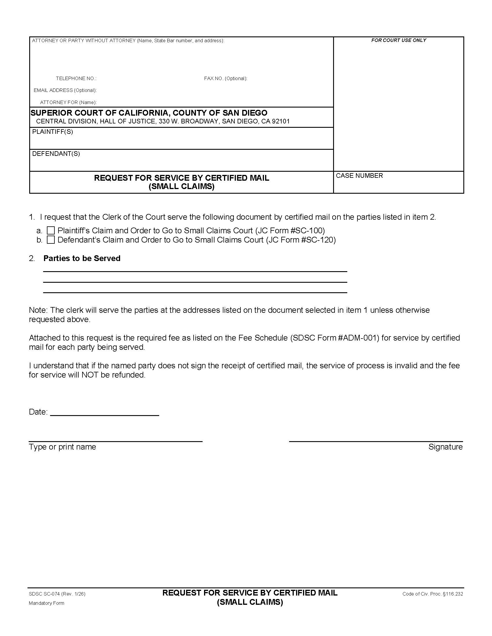 Request For Service By Certified Mail (Small Claims) {SC-074} | Pdf Fpdf Docx | California