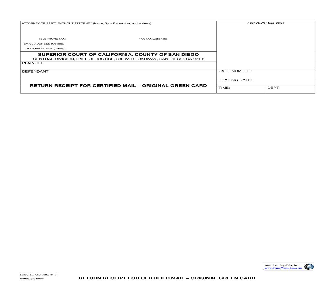 Return Receipt For Certified Mail-Orginal Greed Card {SC-060} | Pdf Fpdf Doc Docx | California