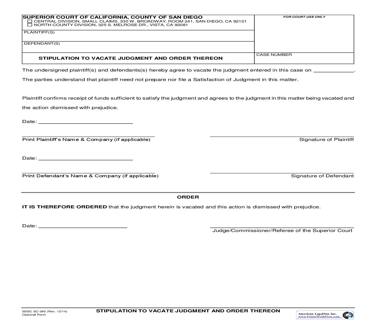 Stipulation To Vacate Judgment And Order Thereon {SC-040} | Pdf Fpdf Docx | California