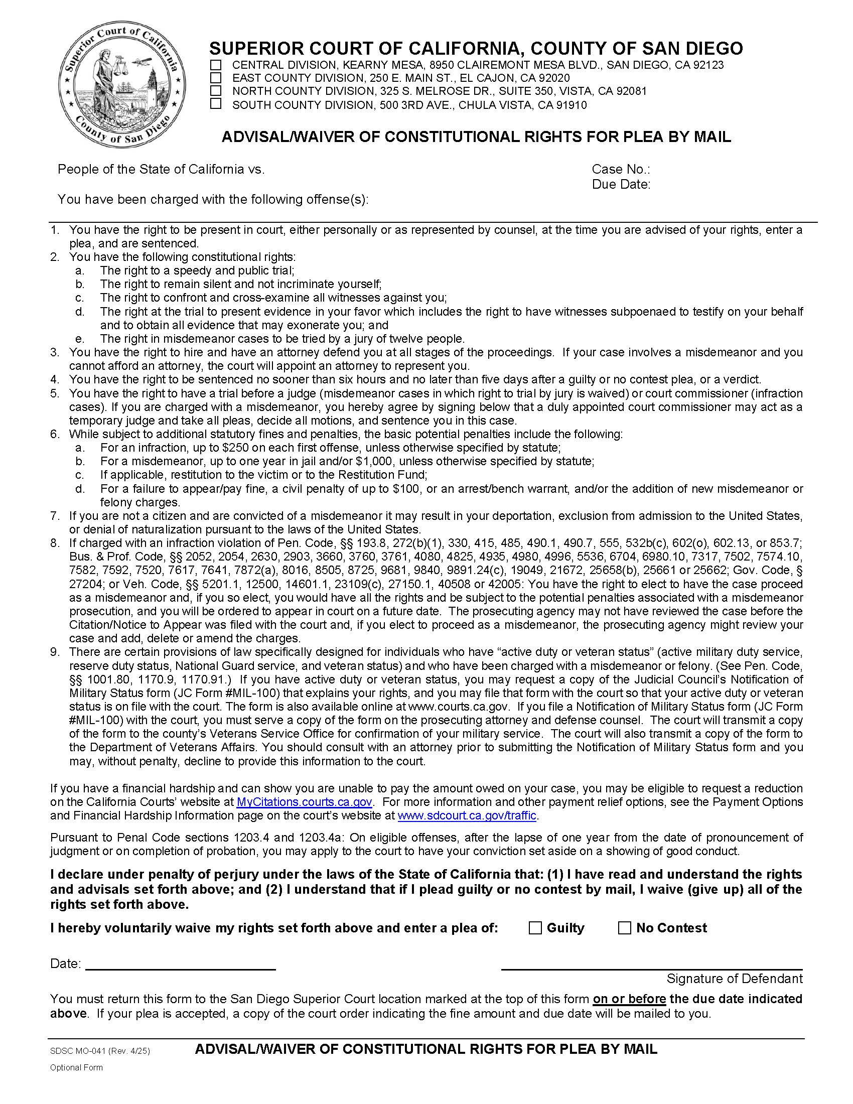 Advisal-Waiver Of Constitutional Rights For Plea By Mail {MO-041} | Pdf Fpdf Docx | California