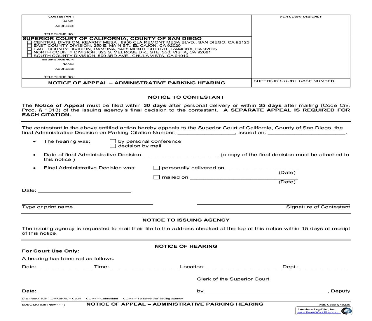 Notice Of Appeal-Administrative Parking Hearing {MO-035} | Pdf Fpdf Doc Docx | California