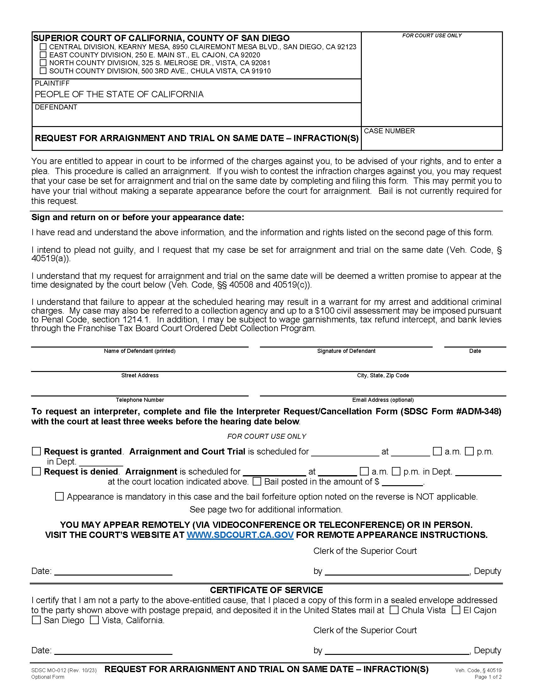 Request For Arraignment And Trial On Same Date-Infraction(s) {MO-012} | Pdf Fpdf Doc Docx | California