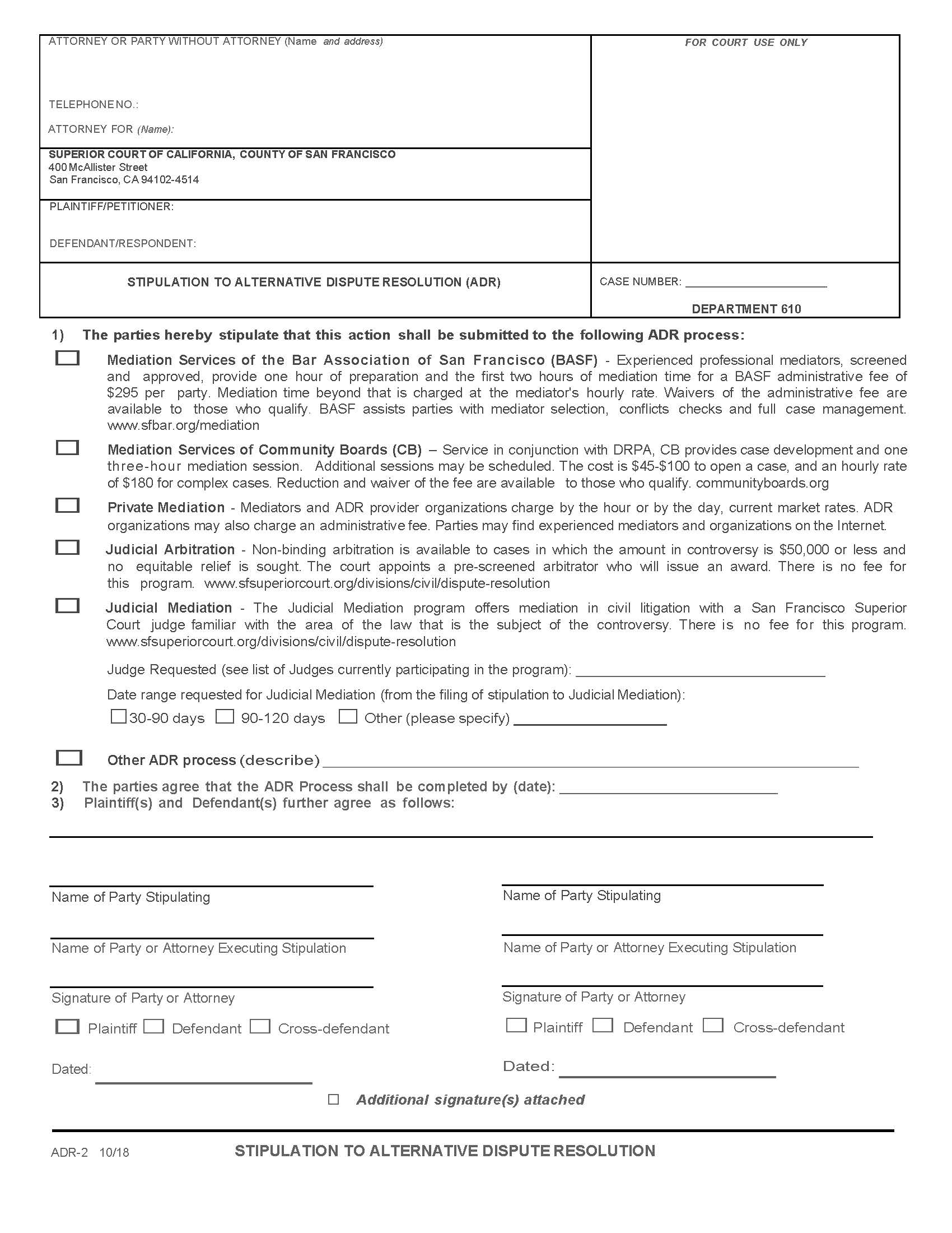 Stipulation To Alternative Resolution {ADR-2 SFCIV-022} | Pdf Fpdf Docx | California