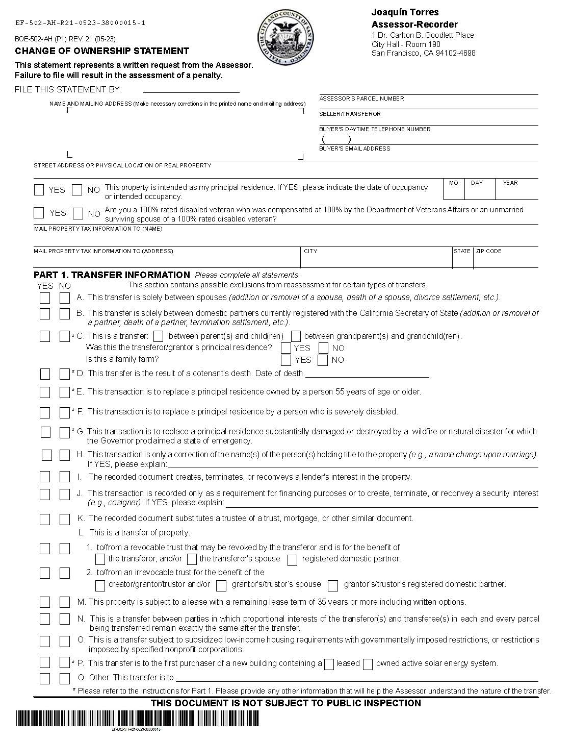 Change In Ownership Statement (San Francisco) {BOE-502-AH} | Pdf Fpdf Doc Docx | California