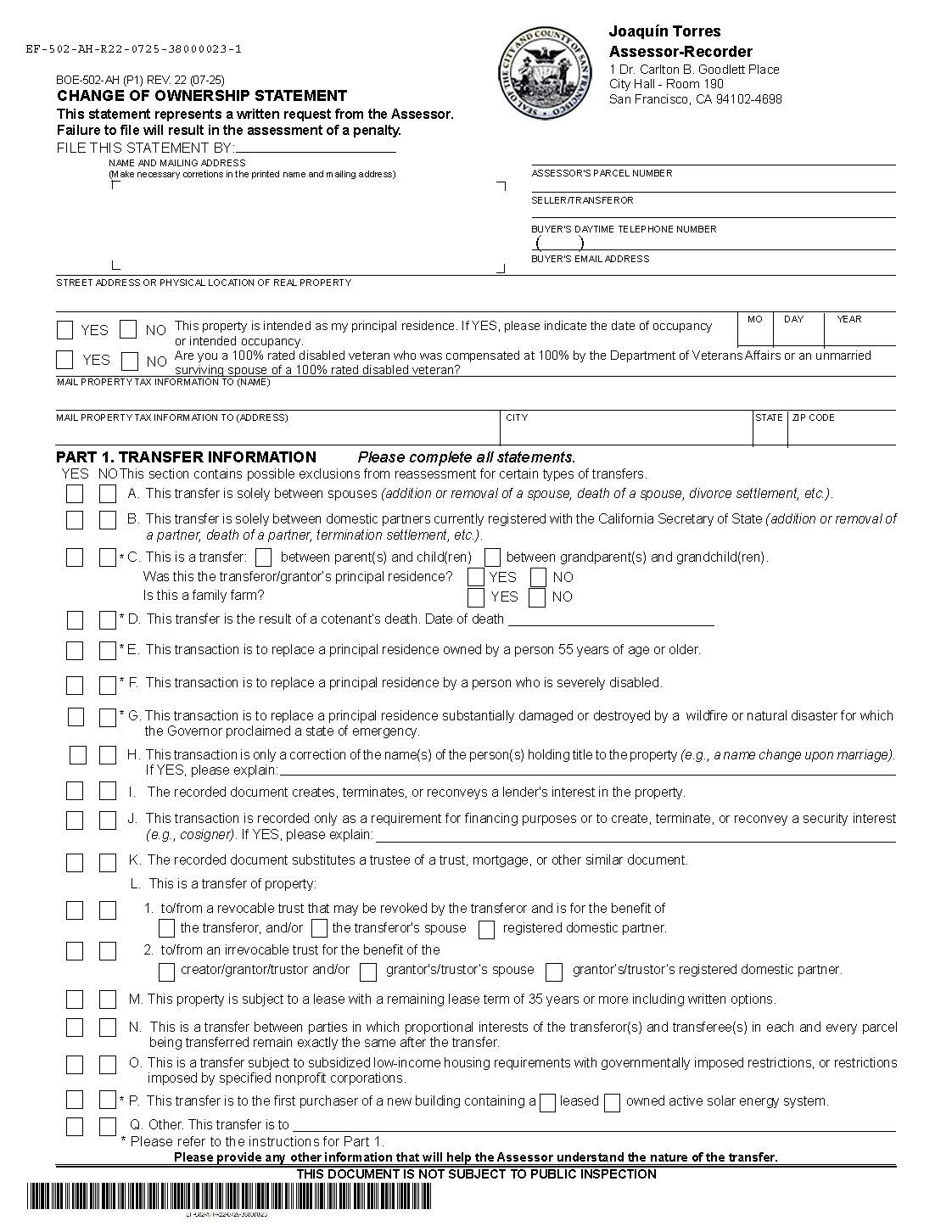Change In Ownership Statement (San Francisco) {BOE-502-AH} | Pdf Fpdf Doc Docx | California