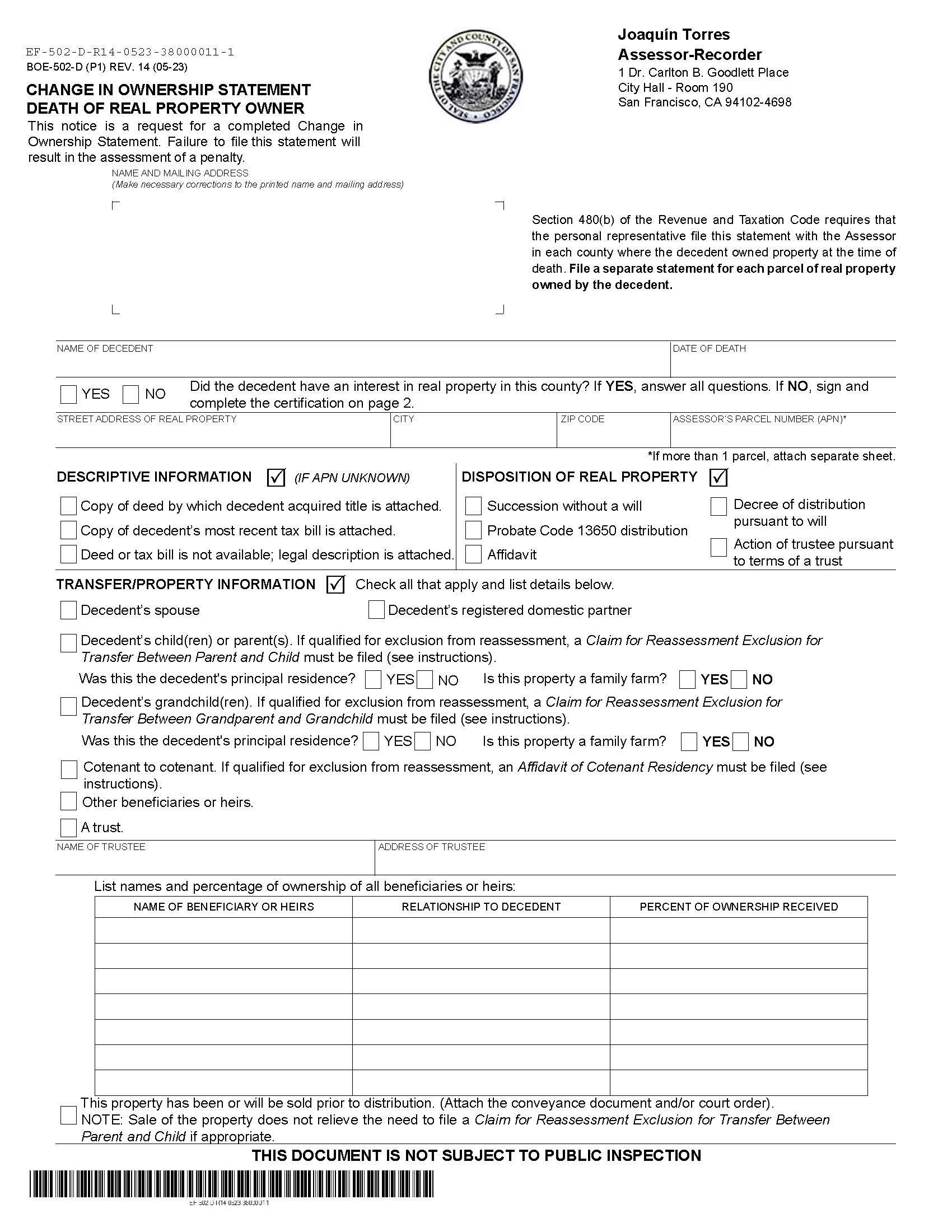 Change In Ownership Statement Death Of Real Property Owner (San Francisco) {BOE-502-D} | Pdf Fpdf Doc Docx | California