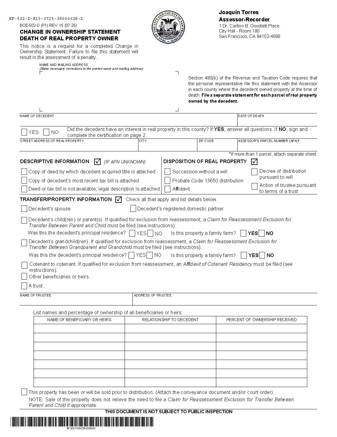 Change In Ownership Statement Death Of Real Property Owner (San Francisco) {BOE-502-D} | Pdf Fpdf Doc Docx | California