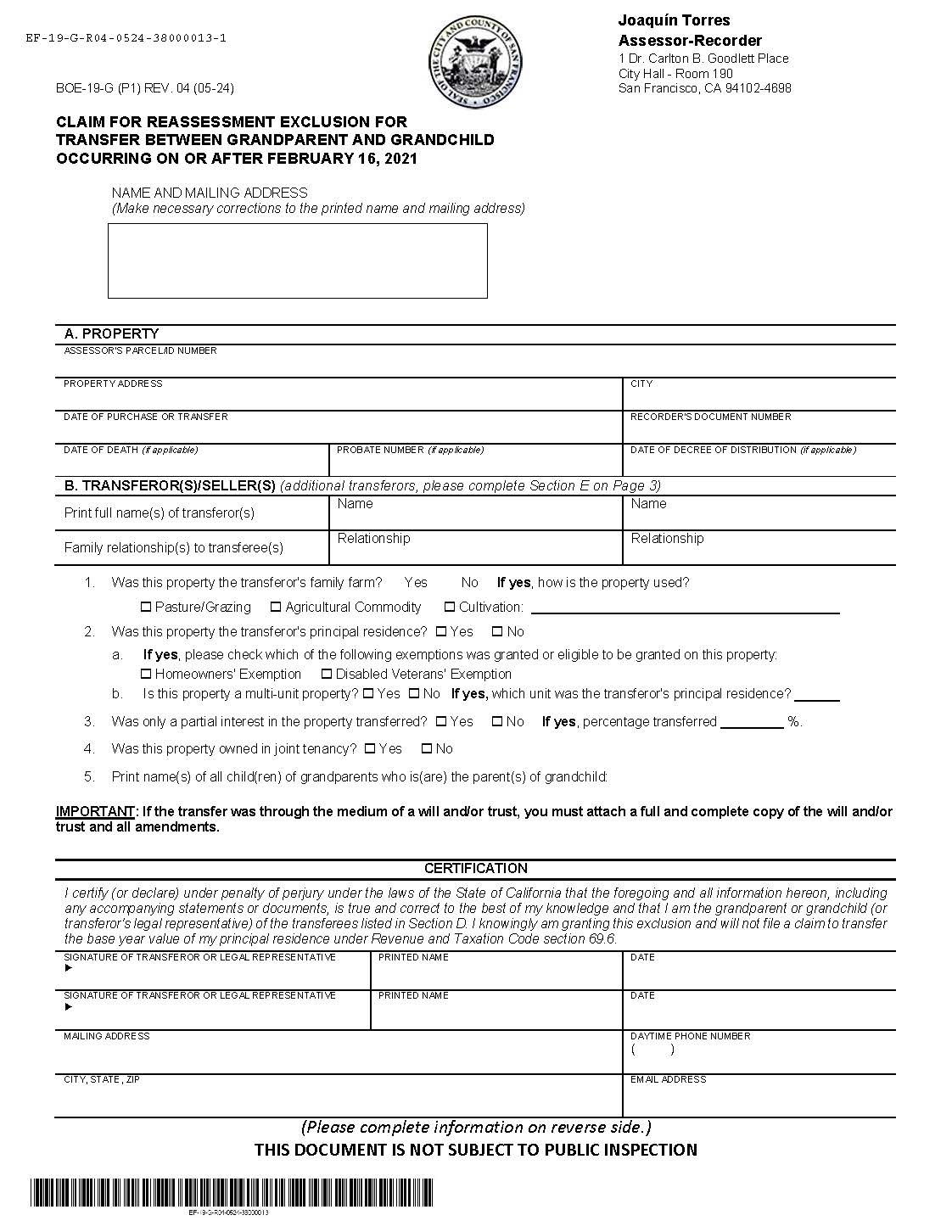 Claim For Reassessment Exclusion For Transfer Between Grandparent And Grandchild (San Francisco) {BOE-19-G} | Pdf Fpdf Docx | California