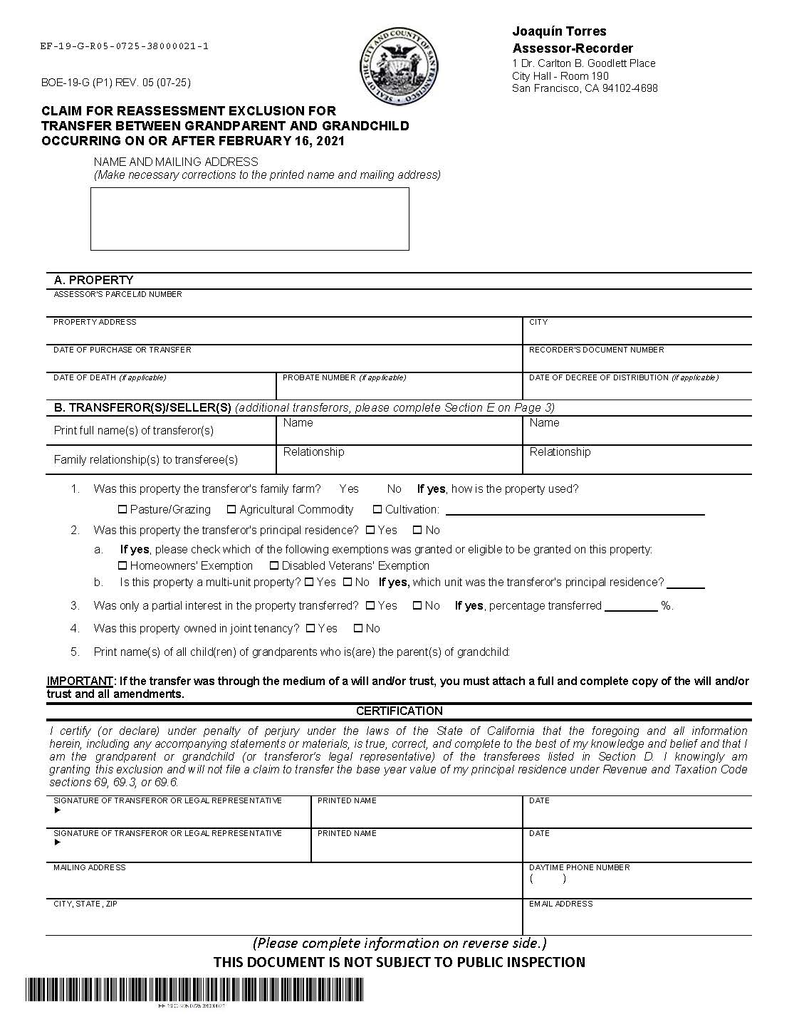 Claim For Reassessment Exclusion For Transfer Between Grandparent And Grandchild (San Francisco) {BOE-19-G} | Pdf Fpdf Docx | California