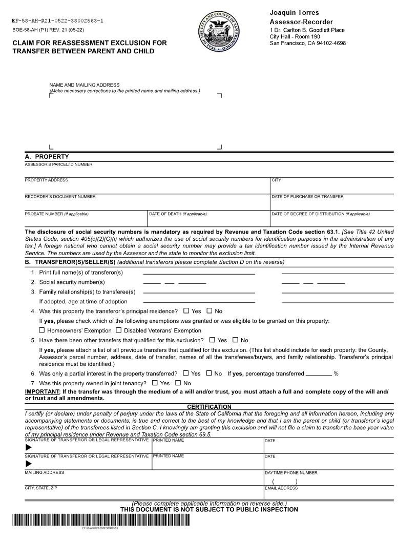 Claim For Reassessment Exclusion For Transfer Between Parent And Child (Before 02-16-21) (San Francisco) {BOE-58-AH} | Pdf Fpdf Docx | California