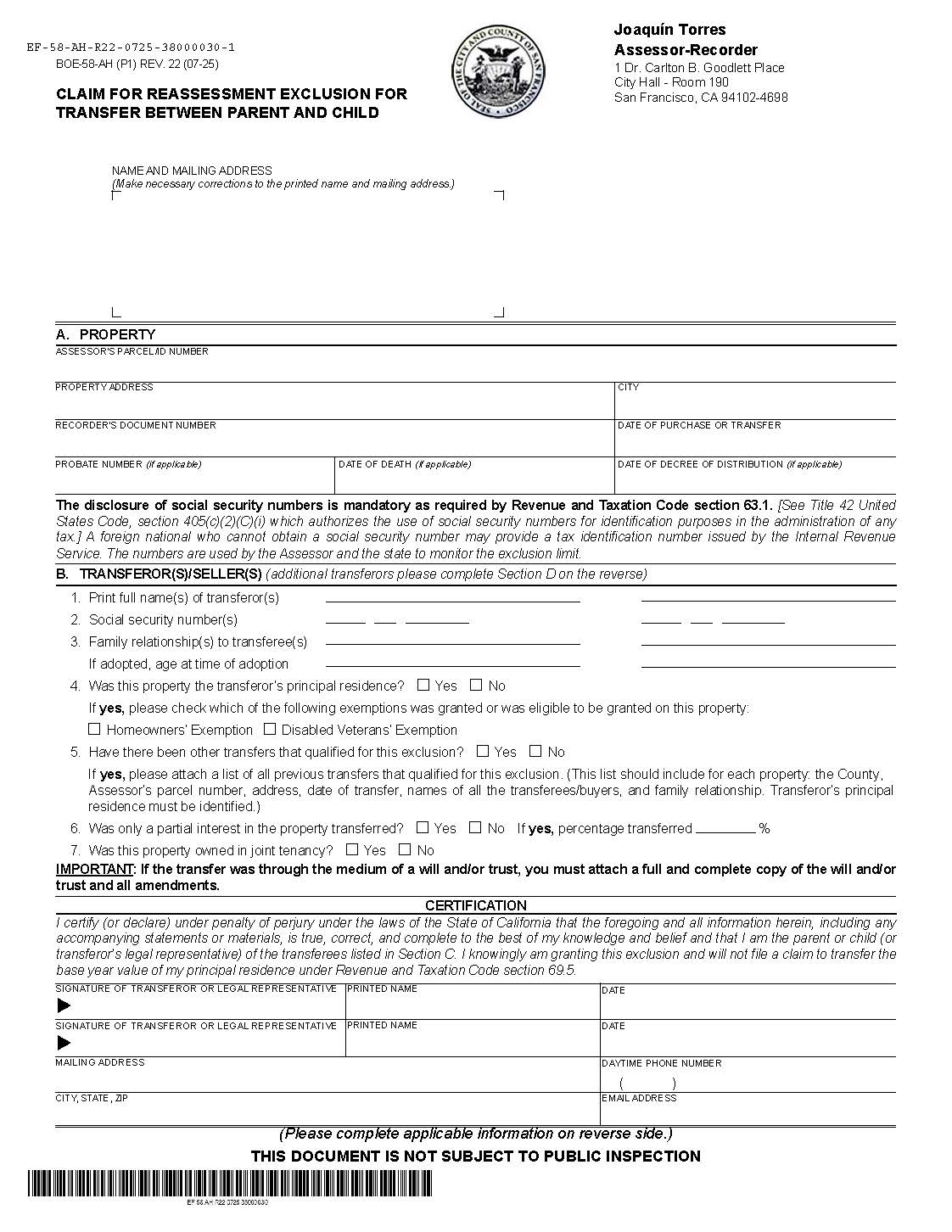 Claim For Reassessment Exclusion For Transfer Between Parent And Child (Before 02-16-21) (San Francisco) {BOE-58-AH} | Pdf Fpdf Docx | California
