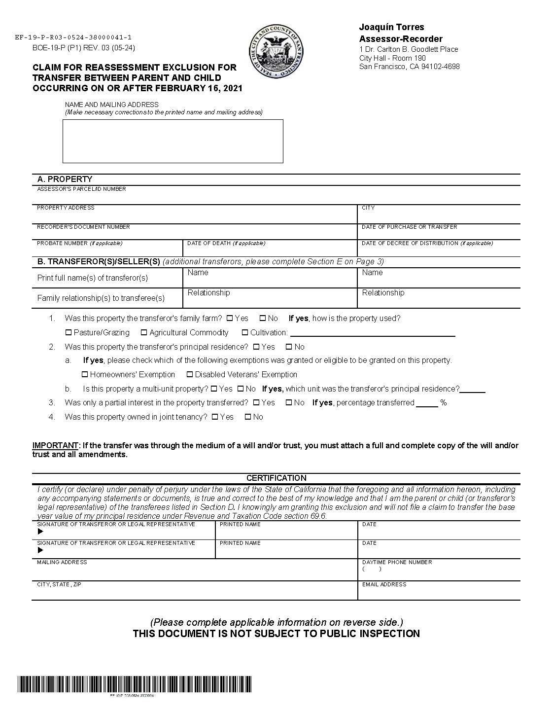 Claim For Reassessment Exclusion For Transfer Between Parent And Child (San Francisco) {BOE-19-P} | Pdf Fpdf Docx | California