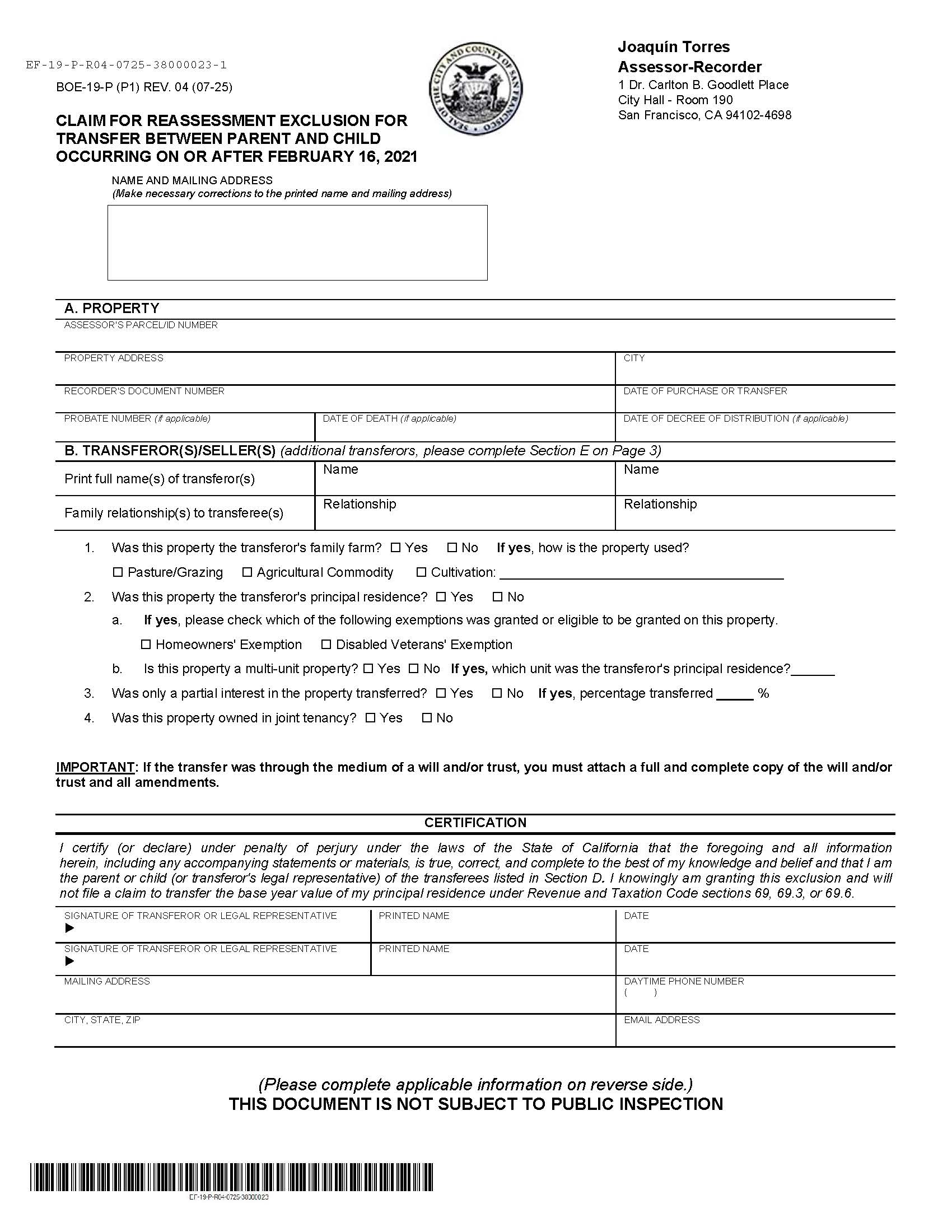 Claim For Reassessment Exclusion For Transfer Between Parent And Child (San Francisco) {BOE-19-P} | Pdf Fpdf Docx | California