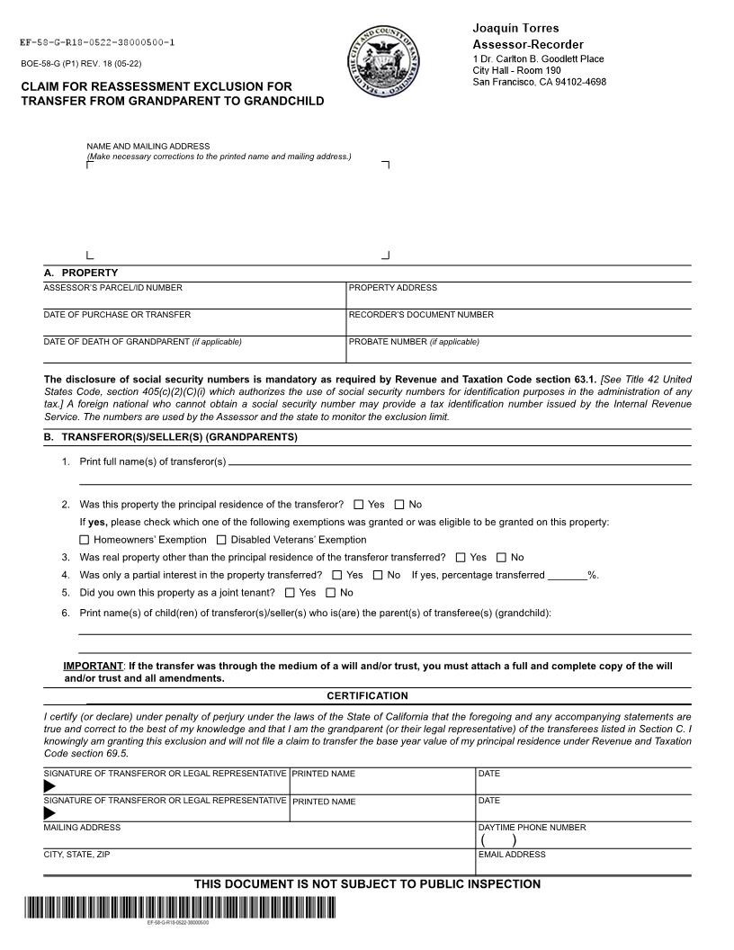 Claim For Reassessment Exclusion-Transfer From Grandparent To Grandchild (Before 02-16-21) (San Francisco) {BOE-58-G} | Pdf Fpdf Docx | California