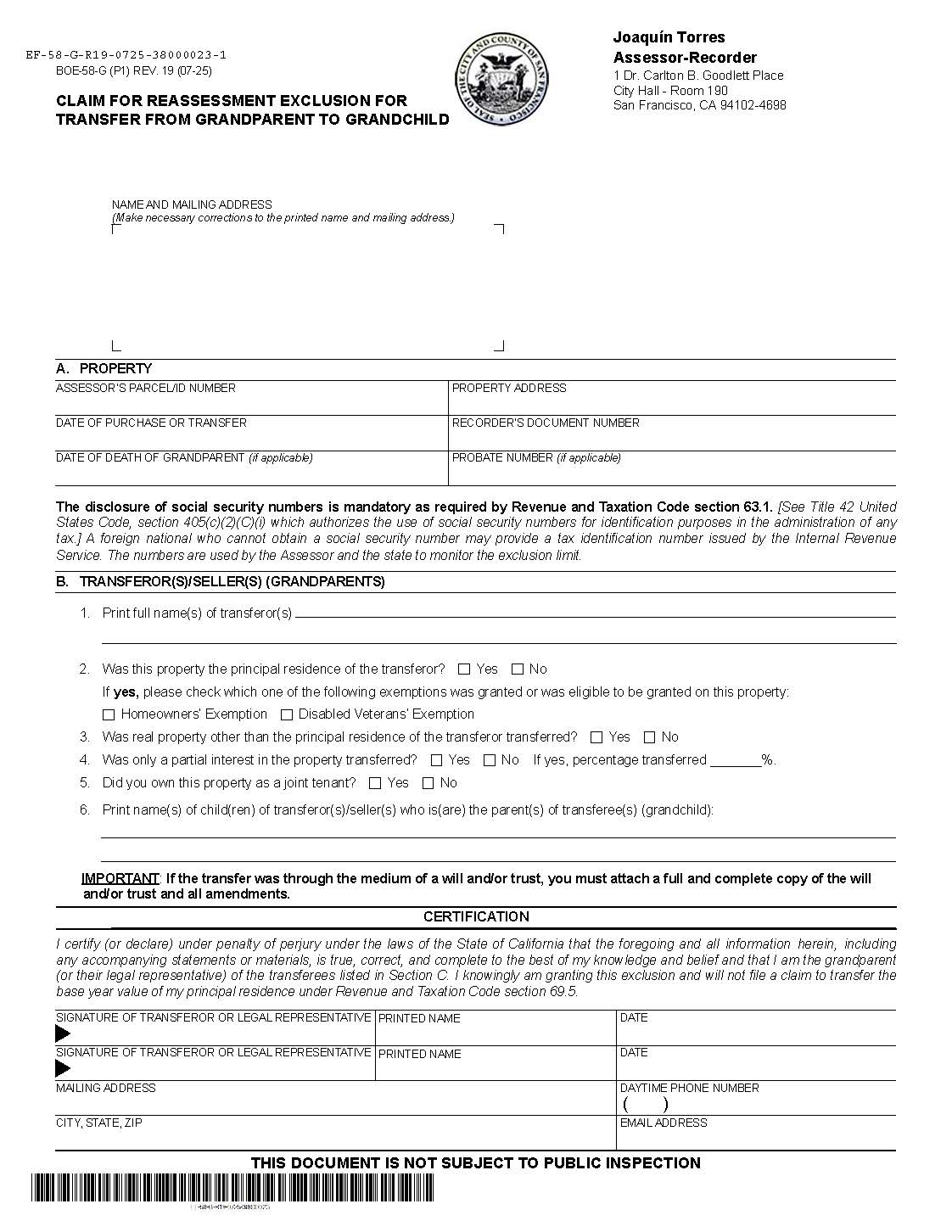 Claim For Reassessment Exclusion-Transfer From Grandparent To Grandchild (Before 02-16-21) (San Francisco) {BOE-58-G} | Pdf Fpdf Docx | California