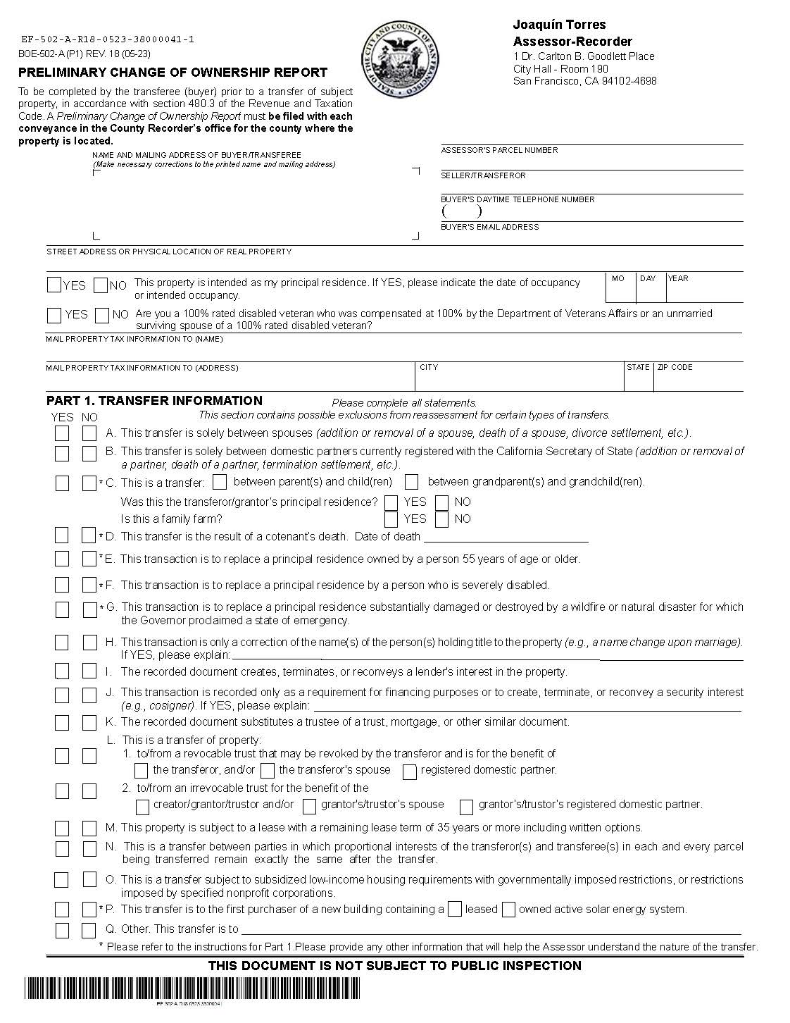 Preliminary Change Of Ownership Report (San Francisco) {BOE-502-A} | Pdf Fpdf Doc Docx | California