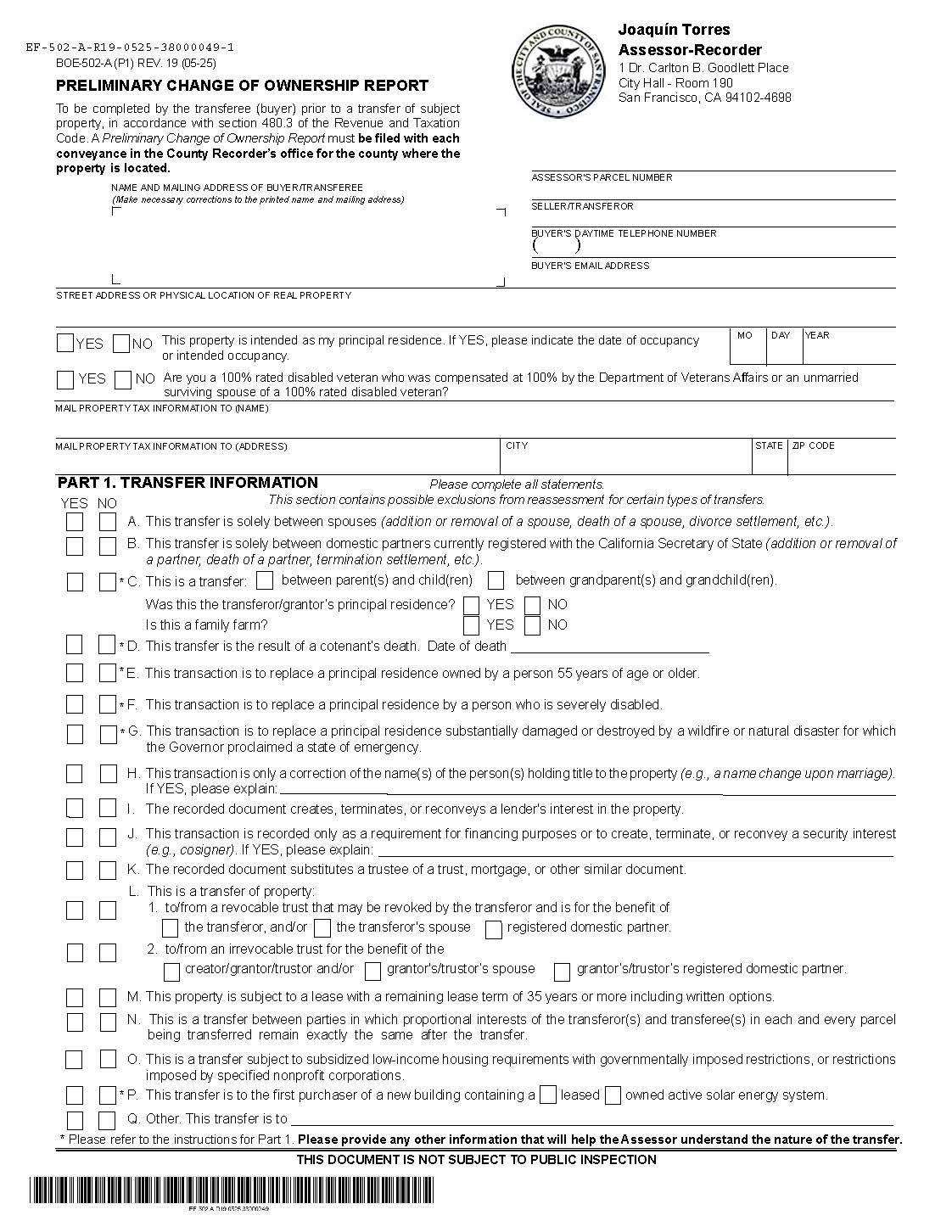 Preliminary Change Of Ownership Report (San Francisco) {BOE-502-A} | Pdf Fpdf Doc Docx | California