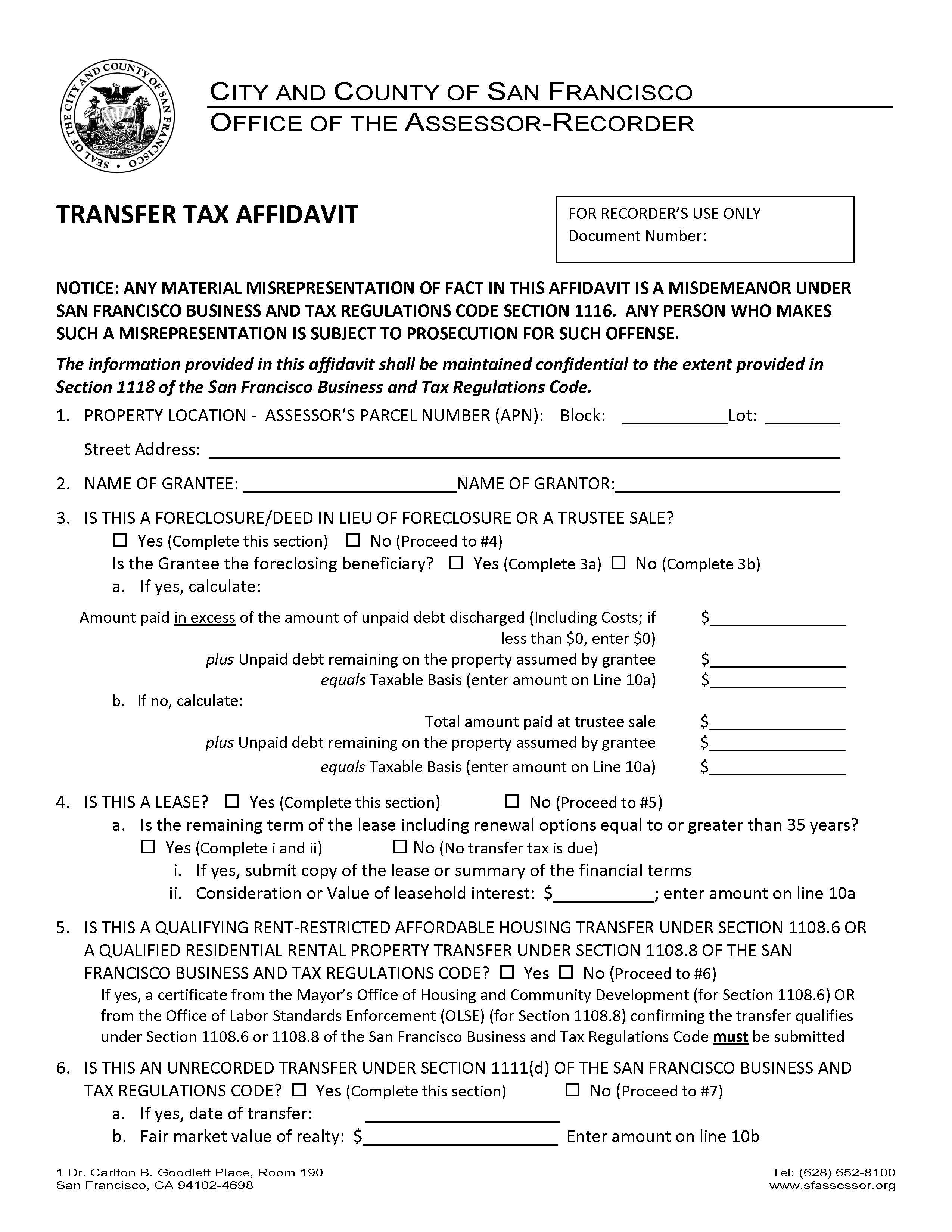 Transfer Tax Affidavit (San Francisco) | Pdf Fpdf Doc Docx | California