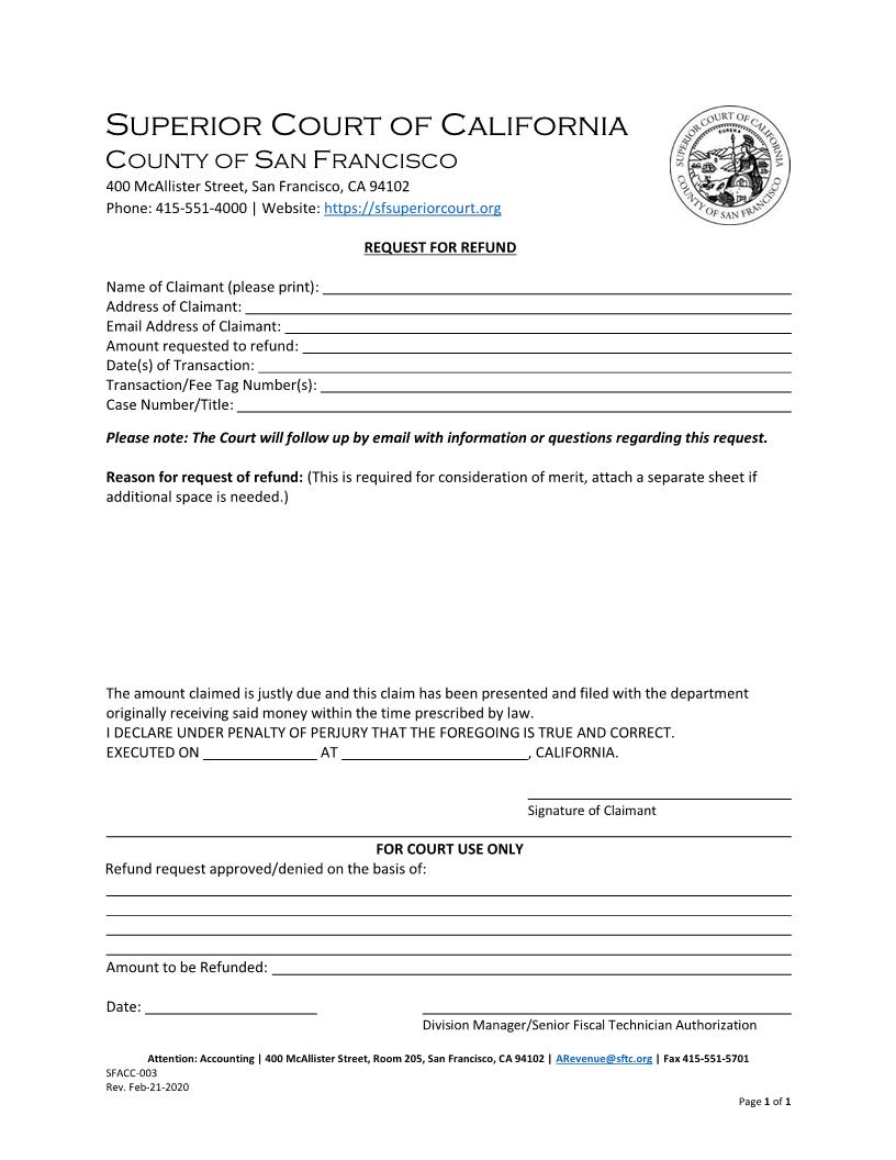 Accounting–Request For Refund {SFACC-003} | Pdf Fpdf Docx | California