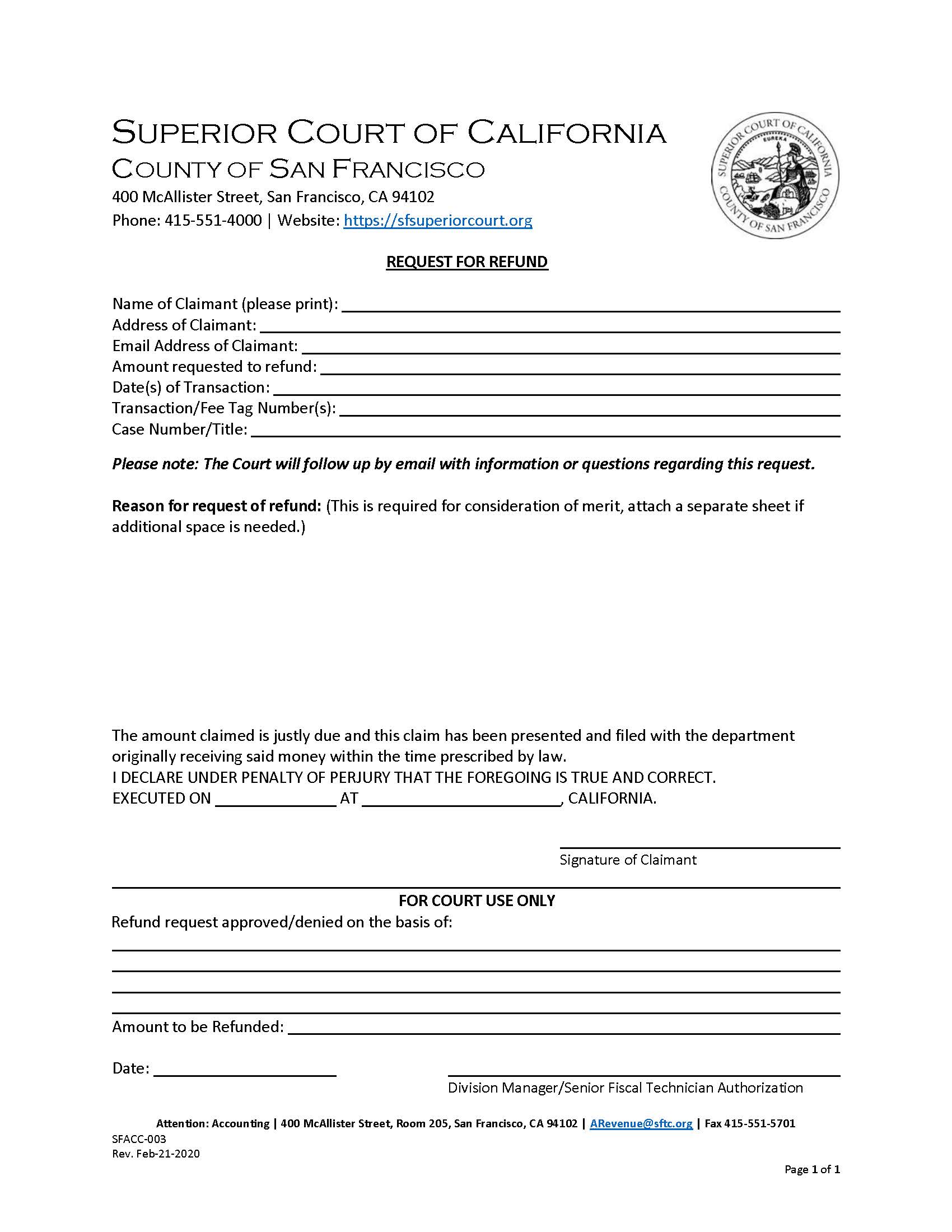 Accounting–Request For Refund {SFACC-003} | Pdf Fpdf Docx | California