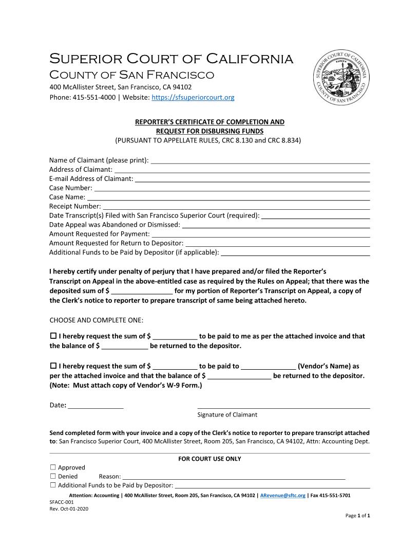 Accounting-Reporters Certificate Of Completion And Request For Dispersement Of Funds {SFACC-001} | Pdf Fpdf Docx | California
