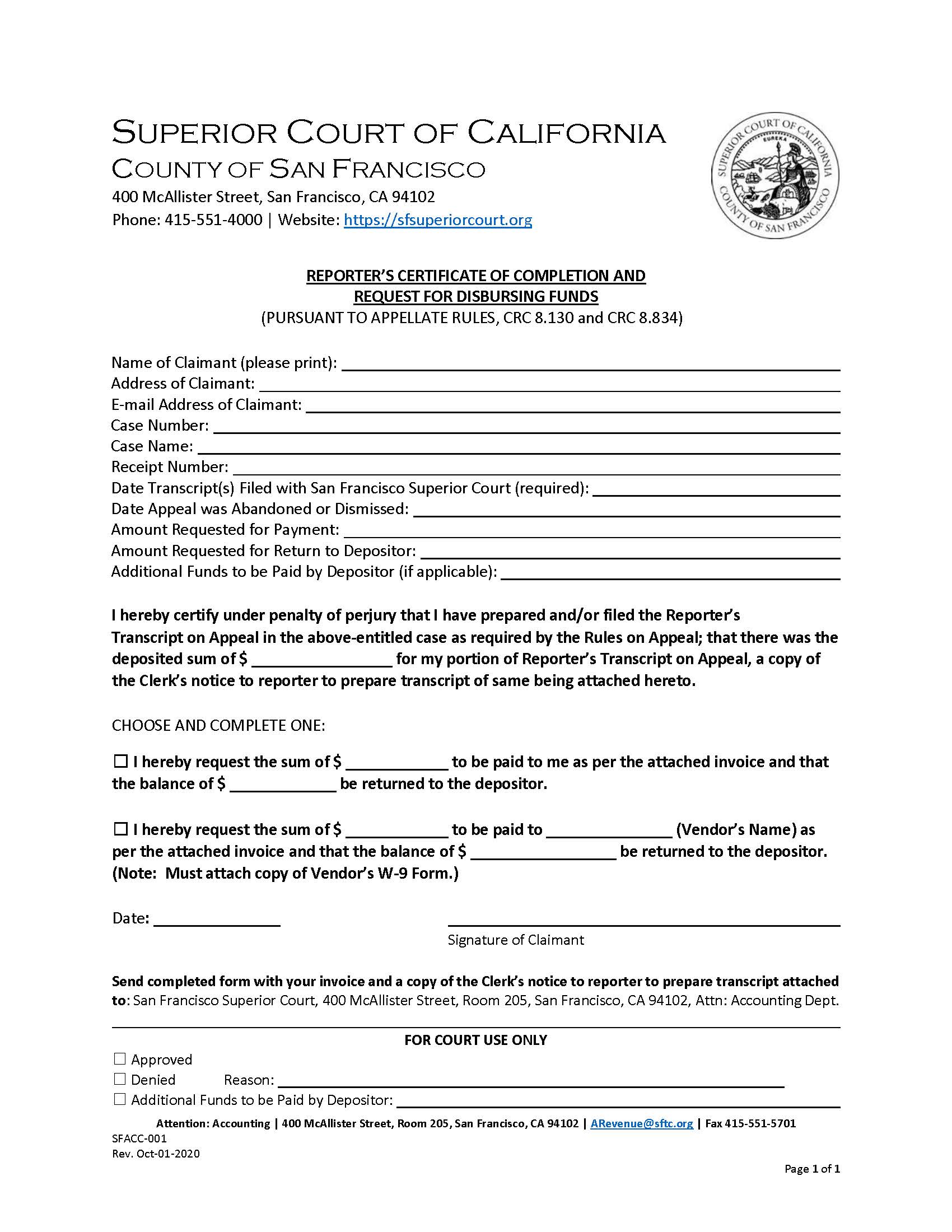 Accounting-Reporters Certificate Of Completion And Request For Dispersement Of Funds {SFACC-001} | Pdf Fpdf Docx | California