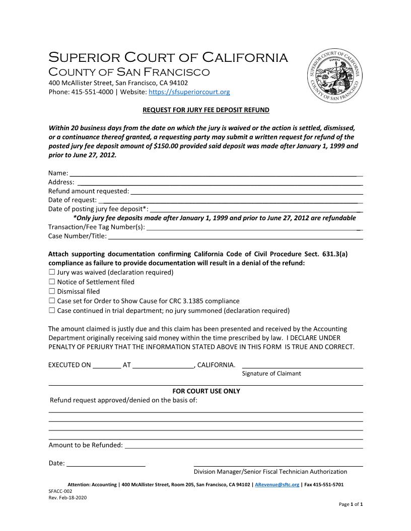 Accounting-Request For Refund Of Jury Fee Deposits {SFACC-002} | Pdf Fpdf Docx | California