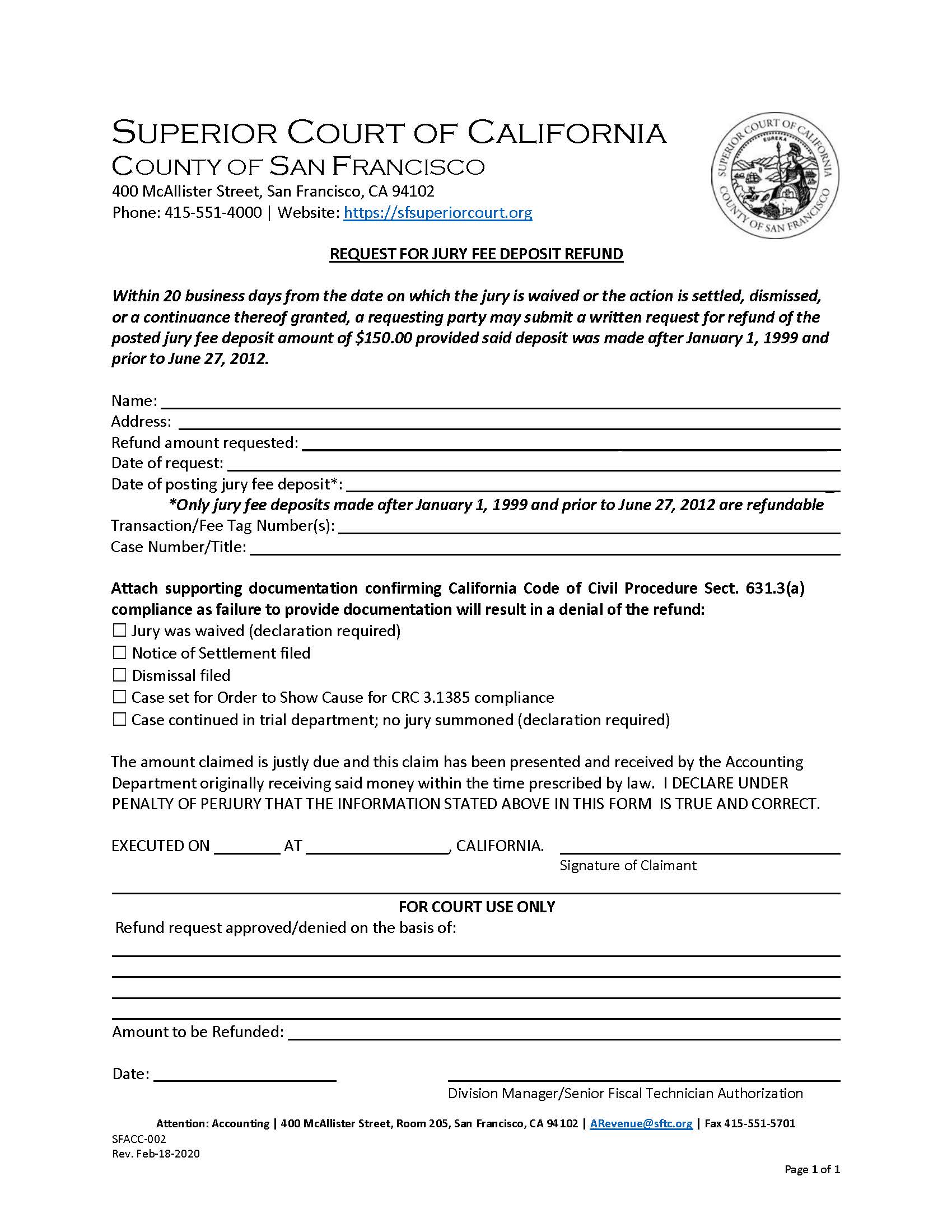 Accounting-Request For Refund Of Jury Fee Deposits {SFACC-002} | Pdf Fpdf Docx | California